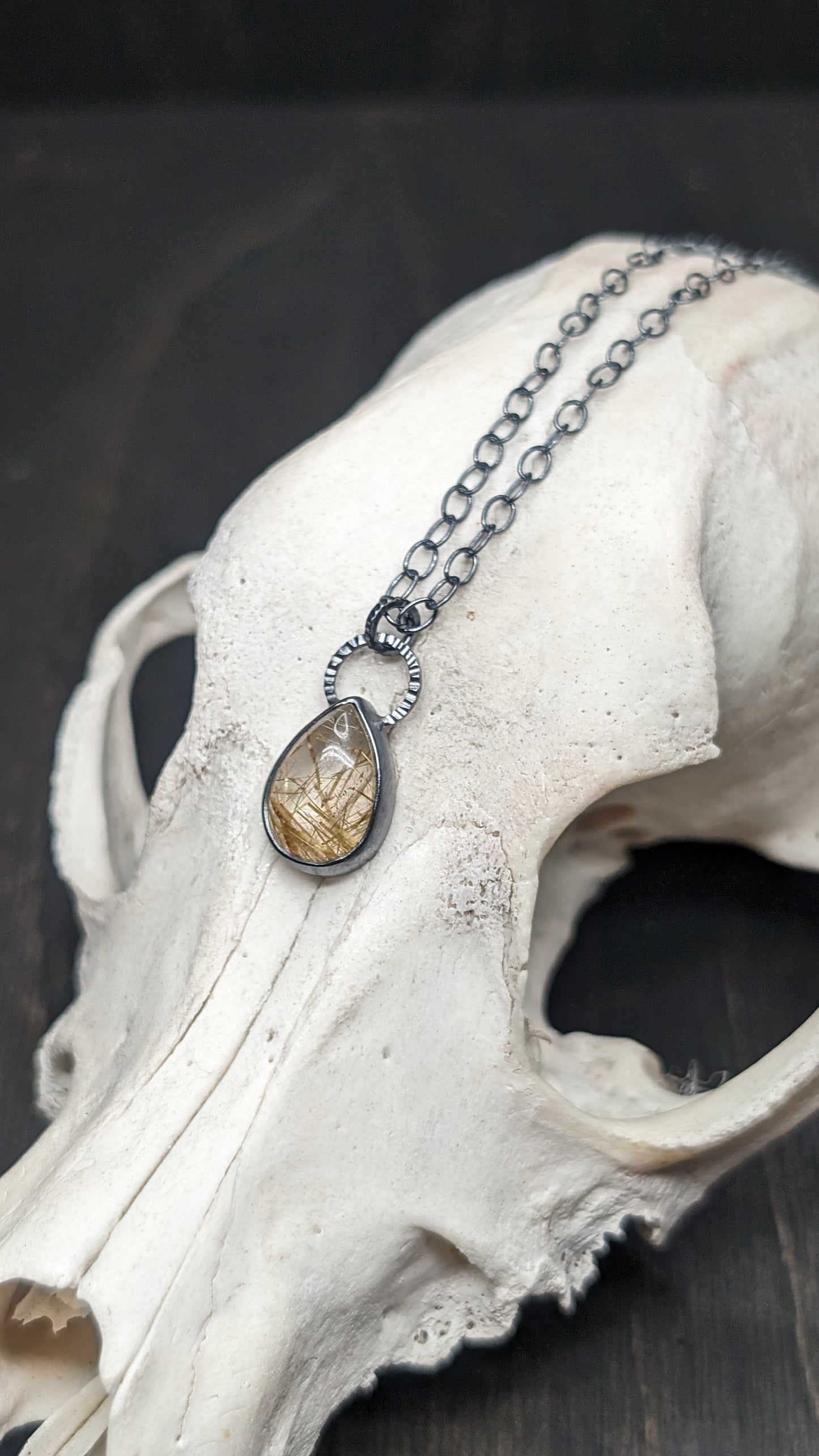 Golden Rutilated Quartz Teardrop Textured Sterling Silver Necklace