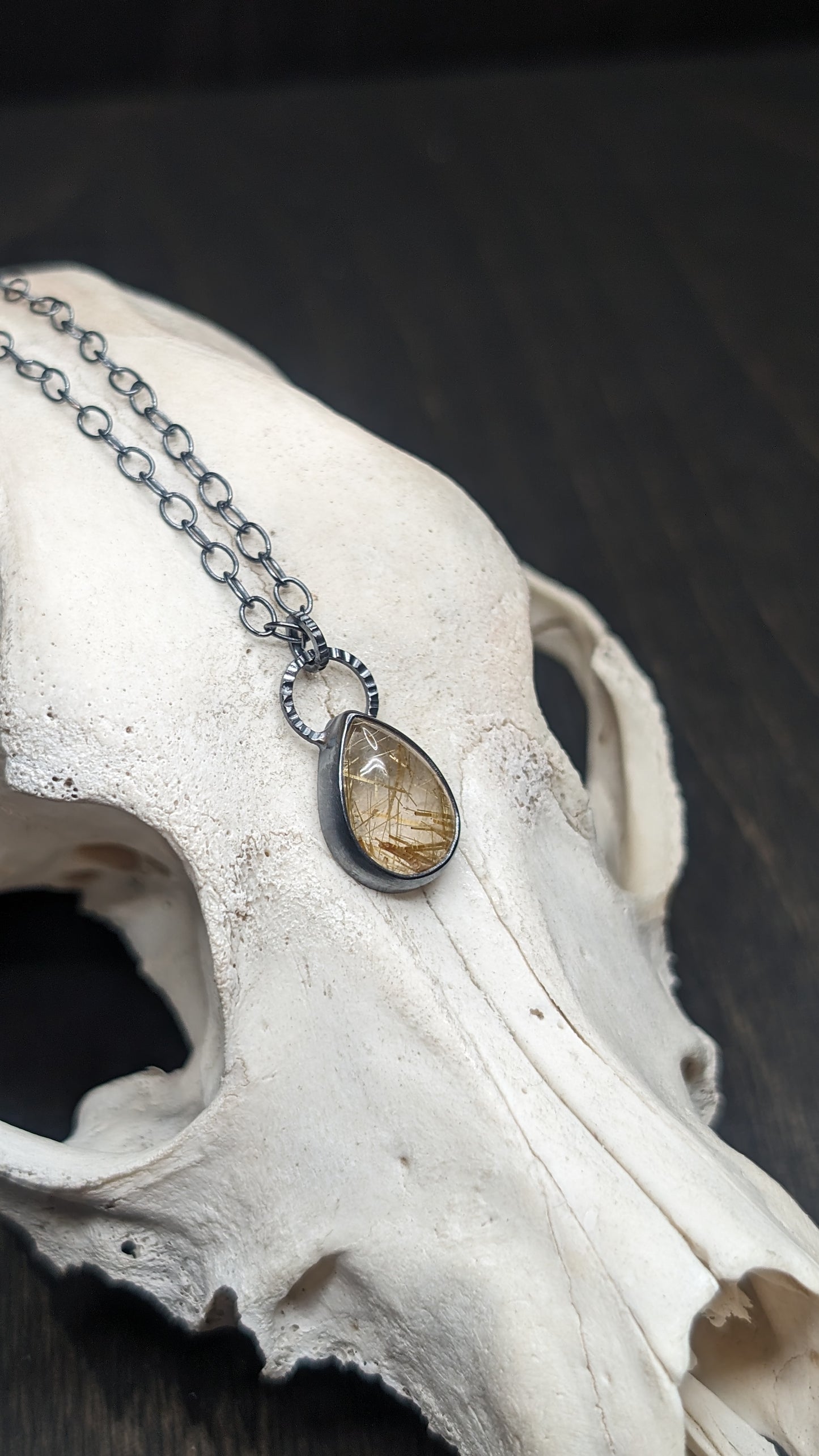 Golden Rutilated Quartz Teardrop Textured Sterling Silver Necklace