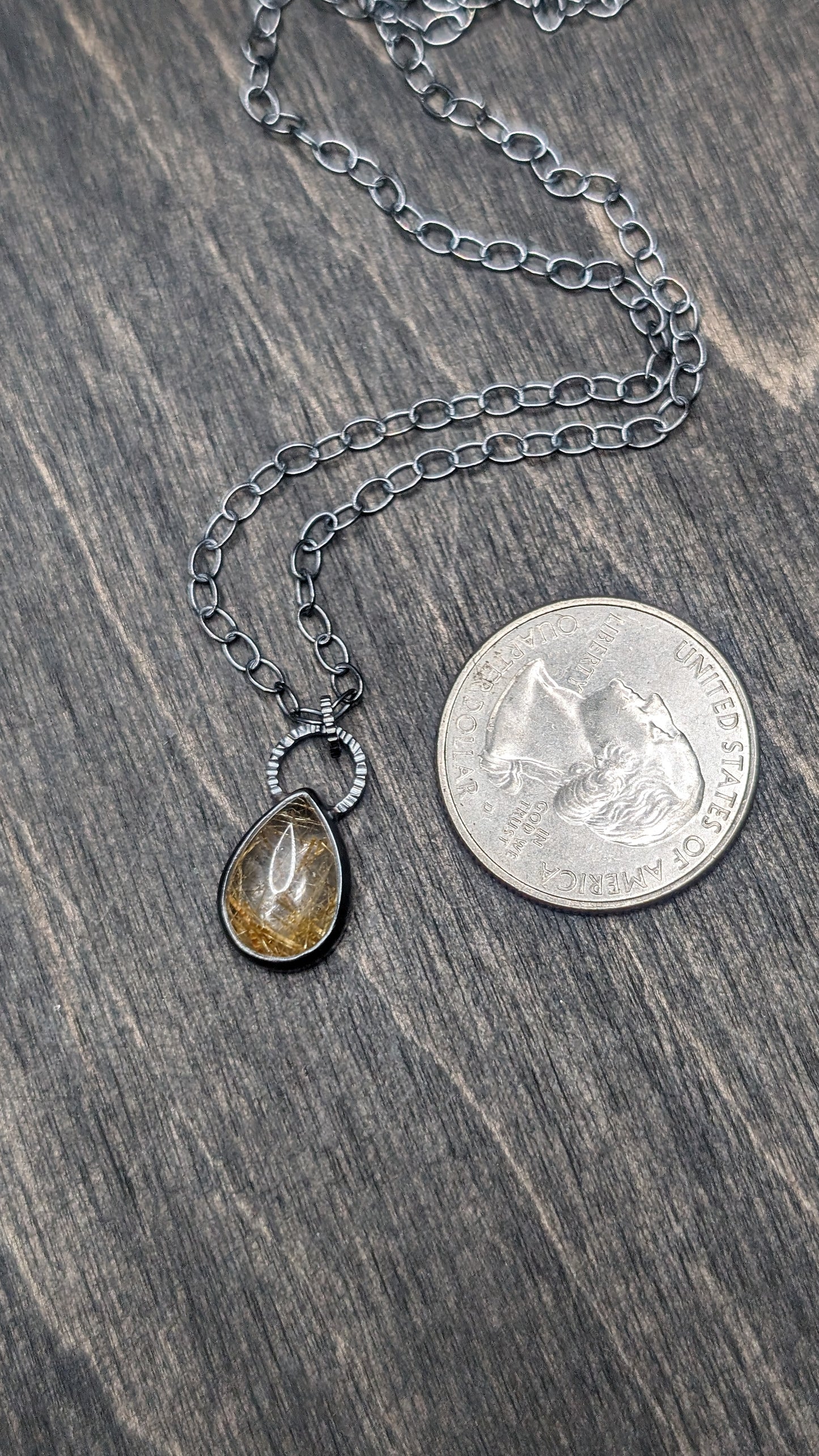 Golden Rutilated Quartz Teardrop Textured Sterling Silver Necklace