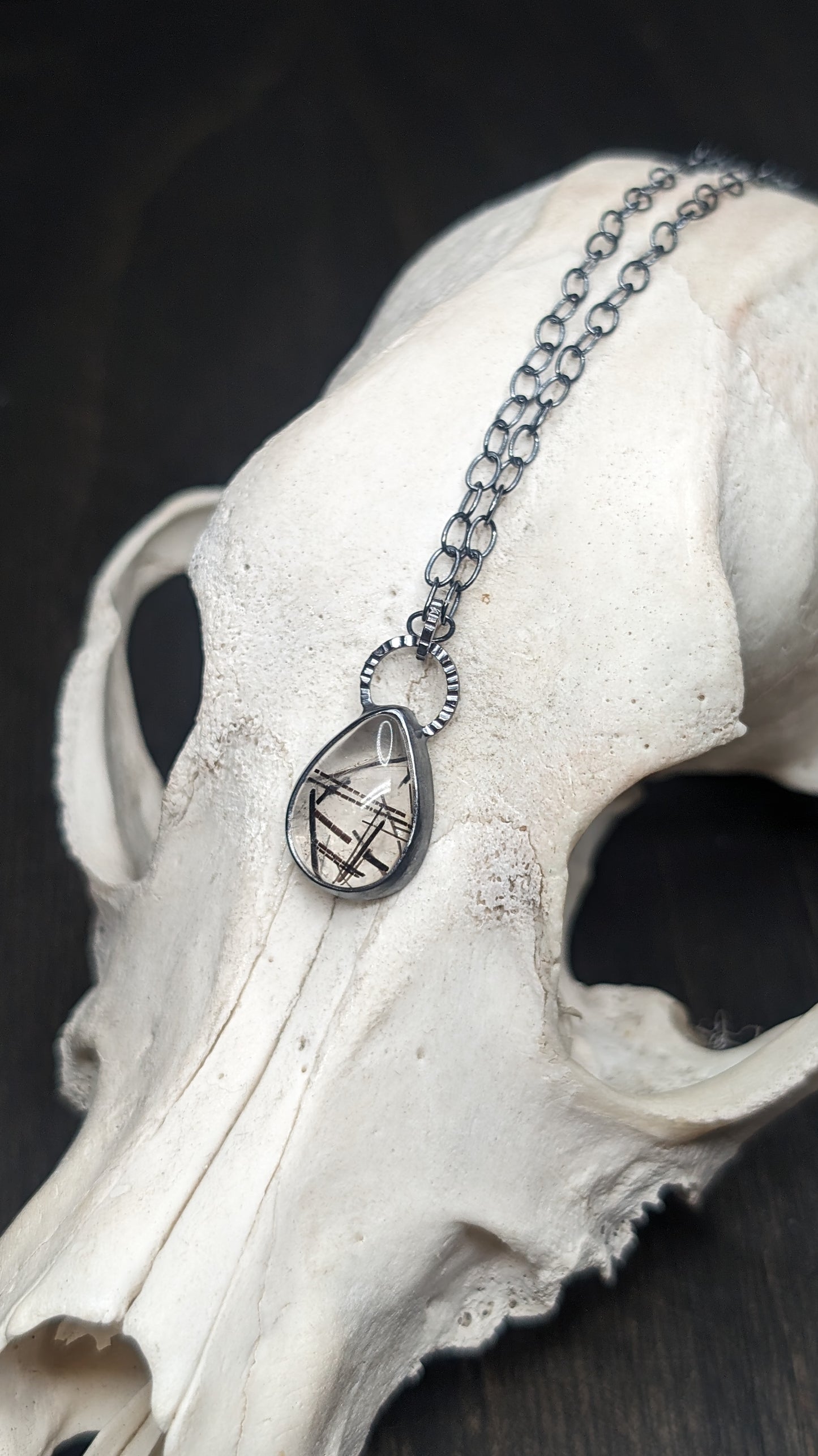 Black Tourmalated Quartz Teardrop Textured Sterling Silver Necklace