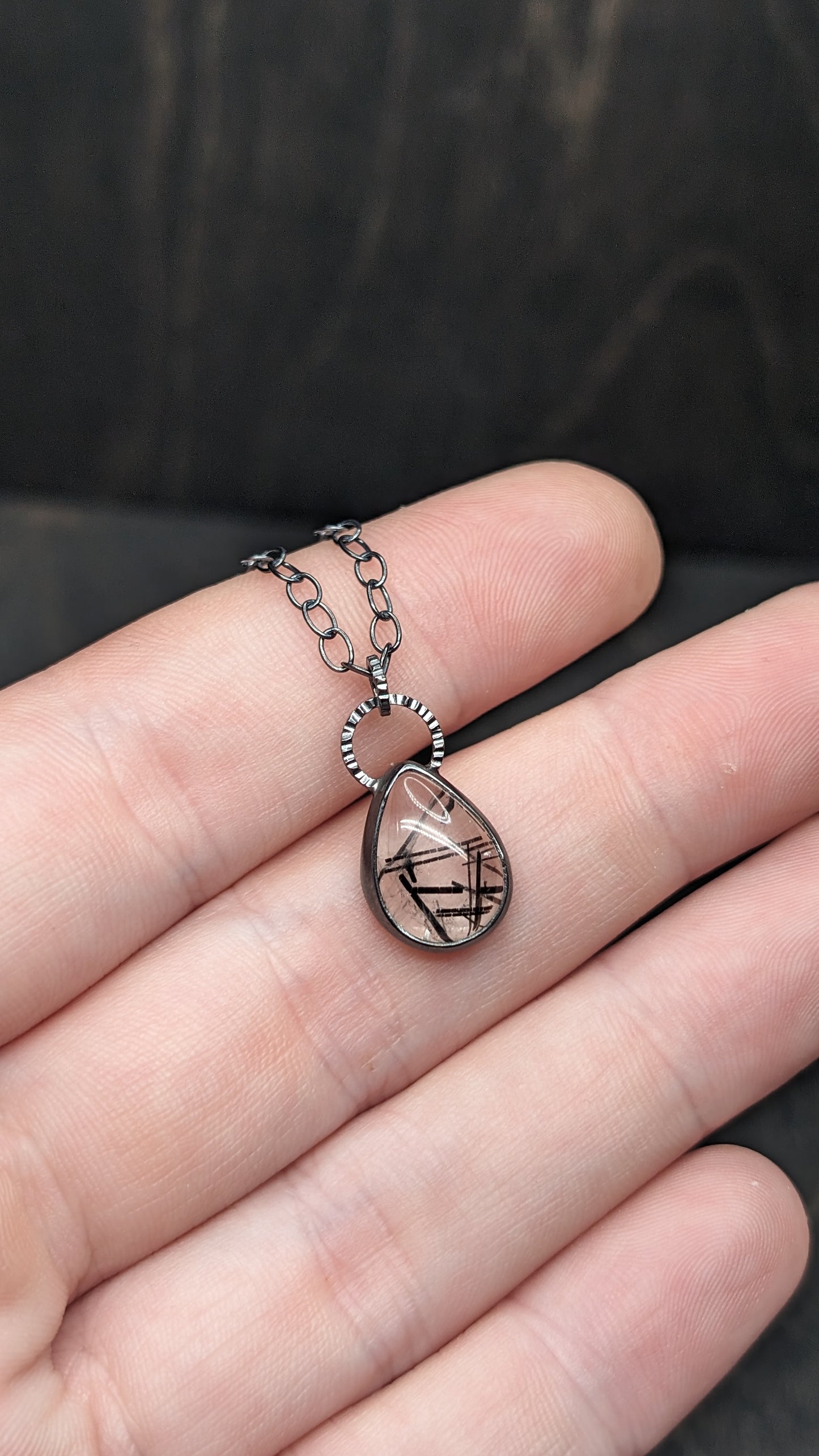 Black Tourmalated Quartz Teardrop Textured Sterling Silver Necklace