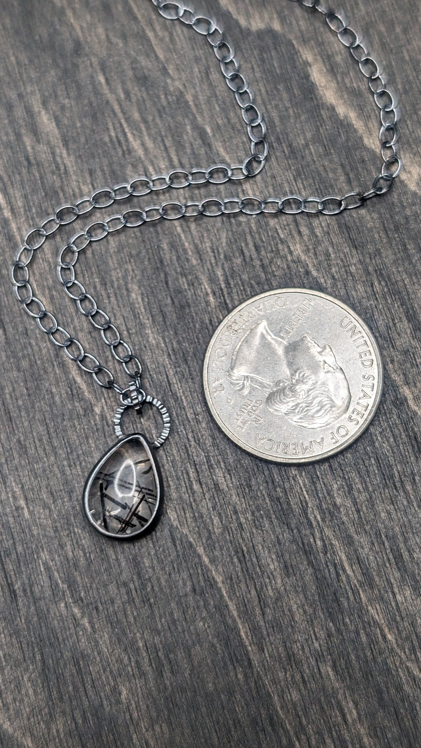 Black Tourmalated Quartz Teardrop Textured Sterling Silver Necklace