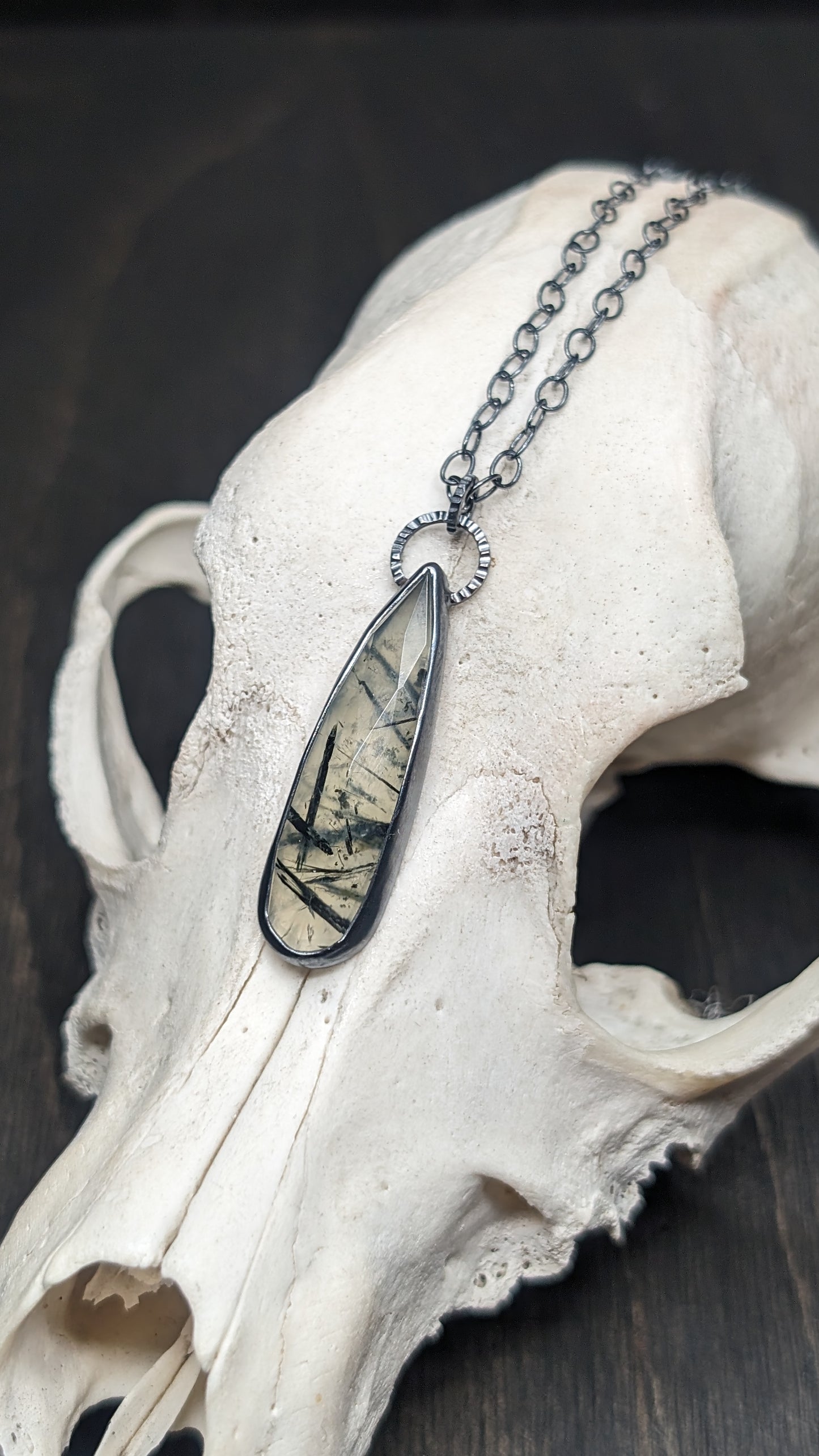 Long Teardrop Prehnite Textured Sterling Silver Necklace