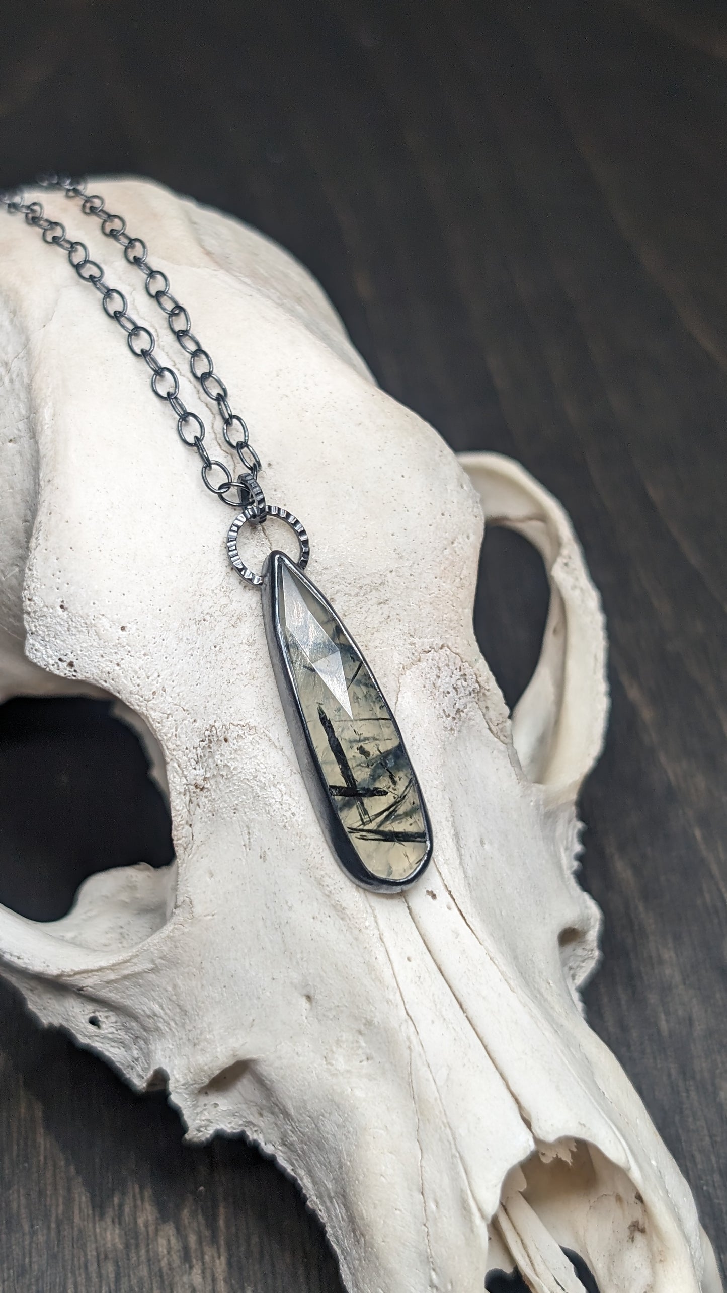 Long Teardrop Prehnite Textured Sterling Silver Necklace