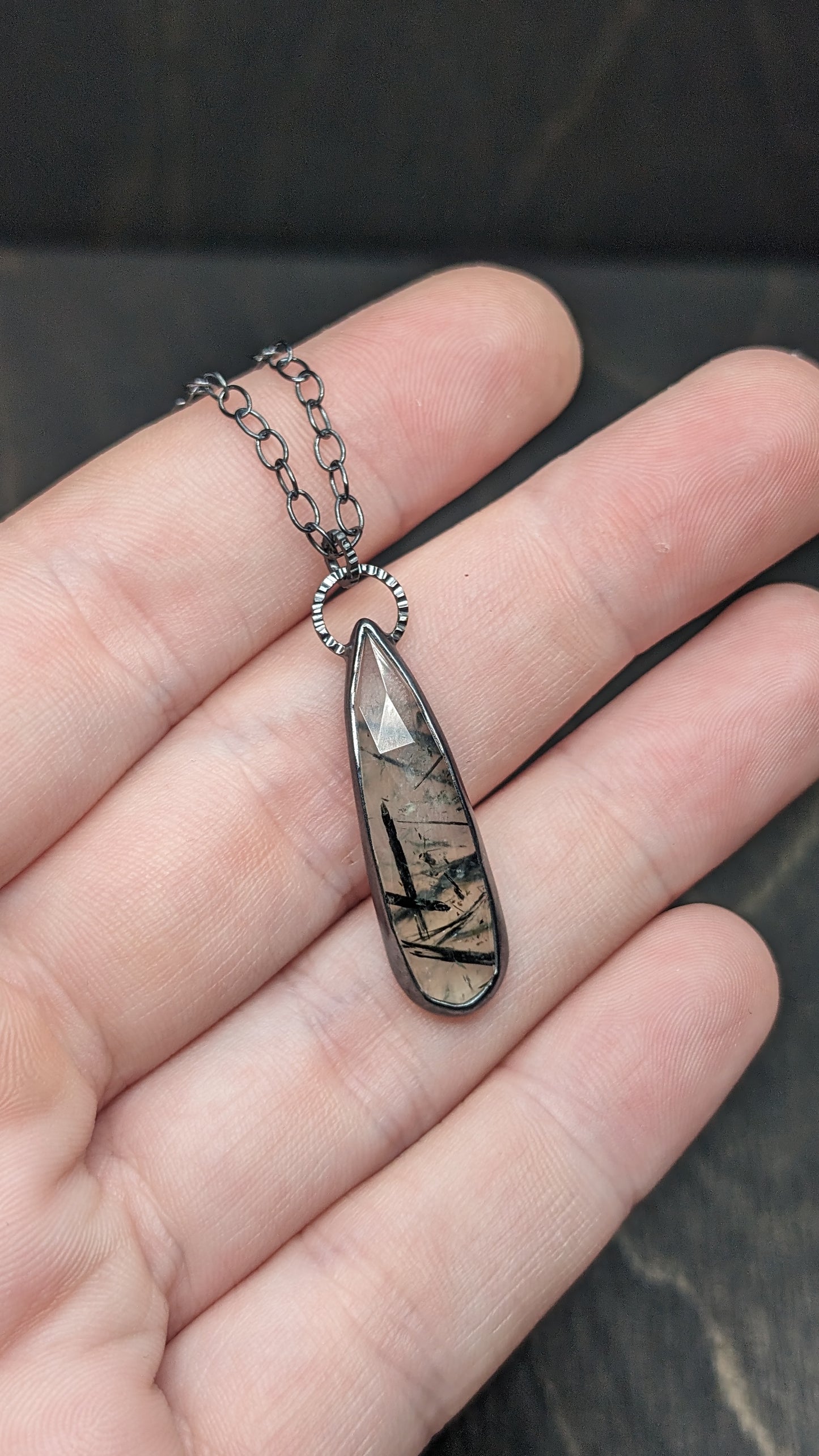 Long Teardrop Prehnite Textured Sterling Silver Necklace