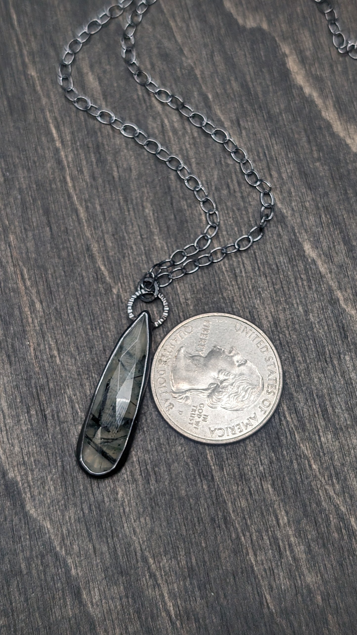 Long Teardrop Prehnite Textured Sterling Silver Necklace