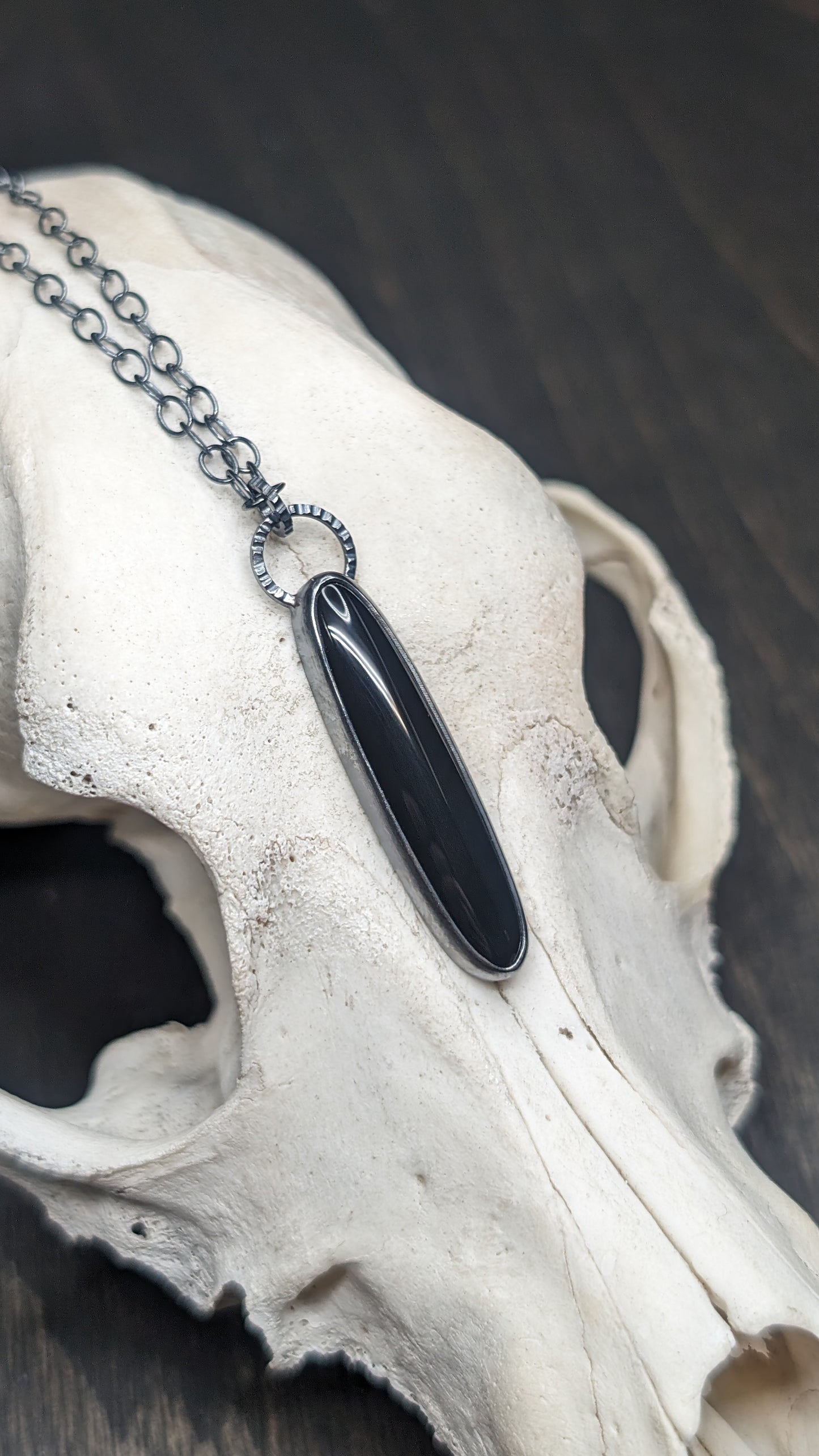 Black Onyx Thin Oval Textured Sterling Silver Necklace