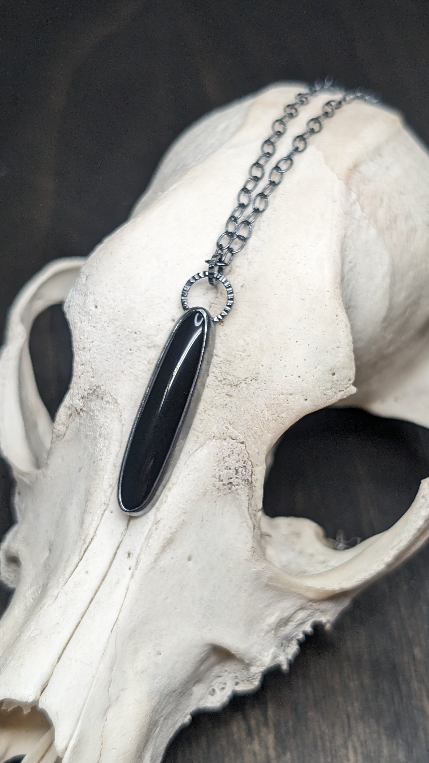 Black Onyx Thin Oval Textured Sterling Silver Necklace