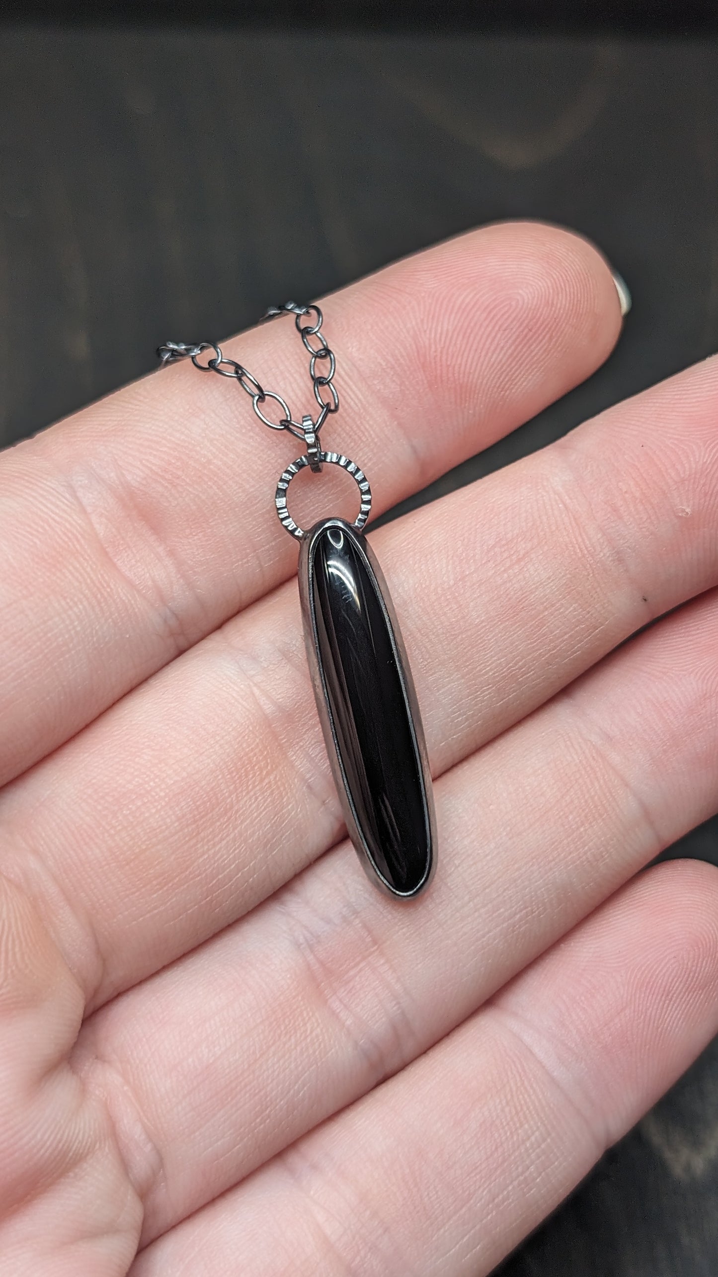 Black Onyx Thin Oval Textured Sterling Silver Necklace