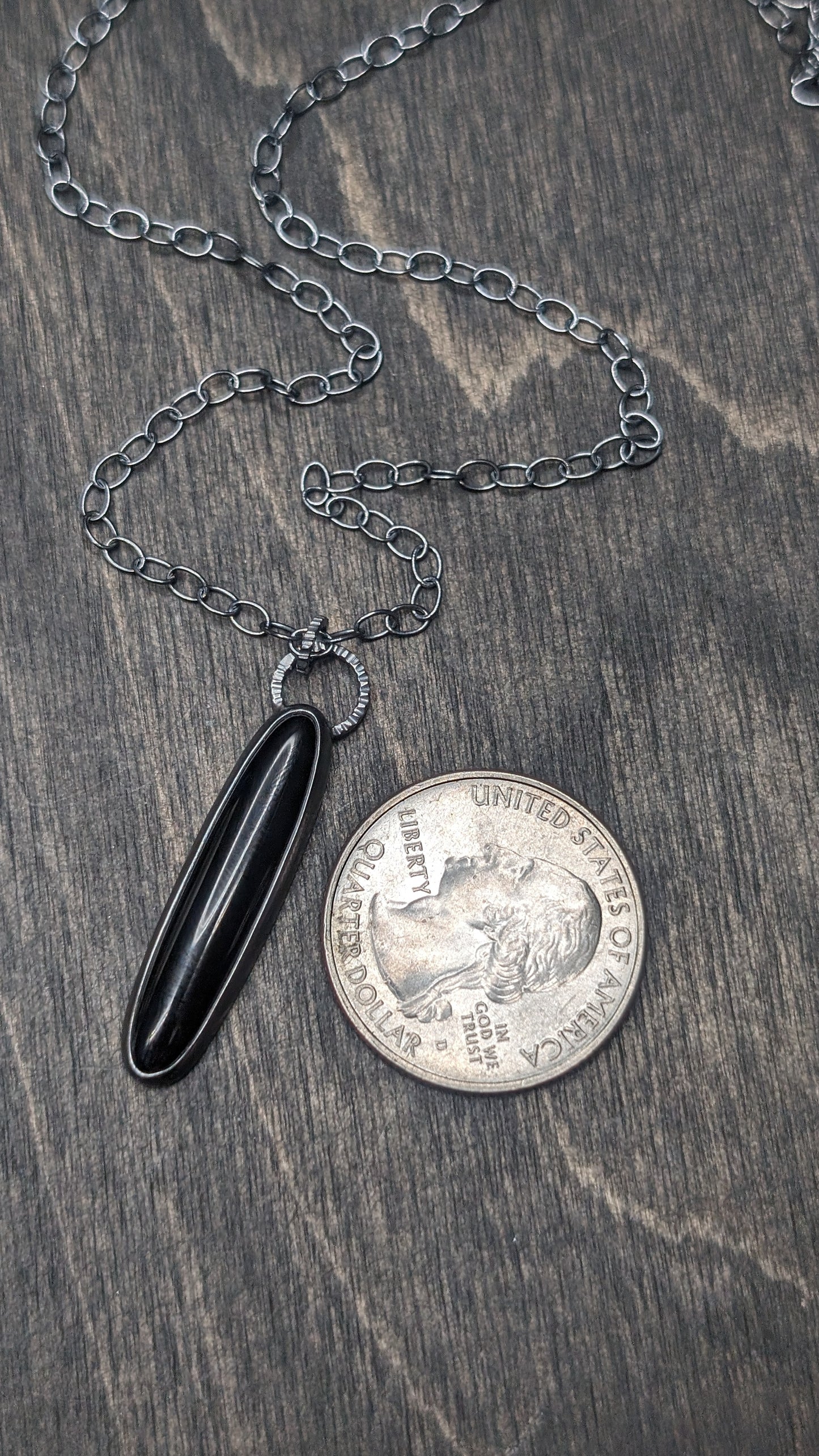 Black Onyx Thin Oval Textured Sterling Silver Necklace