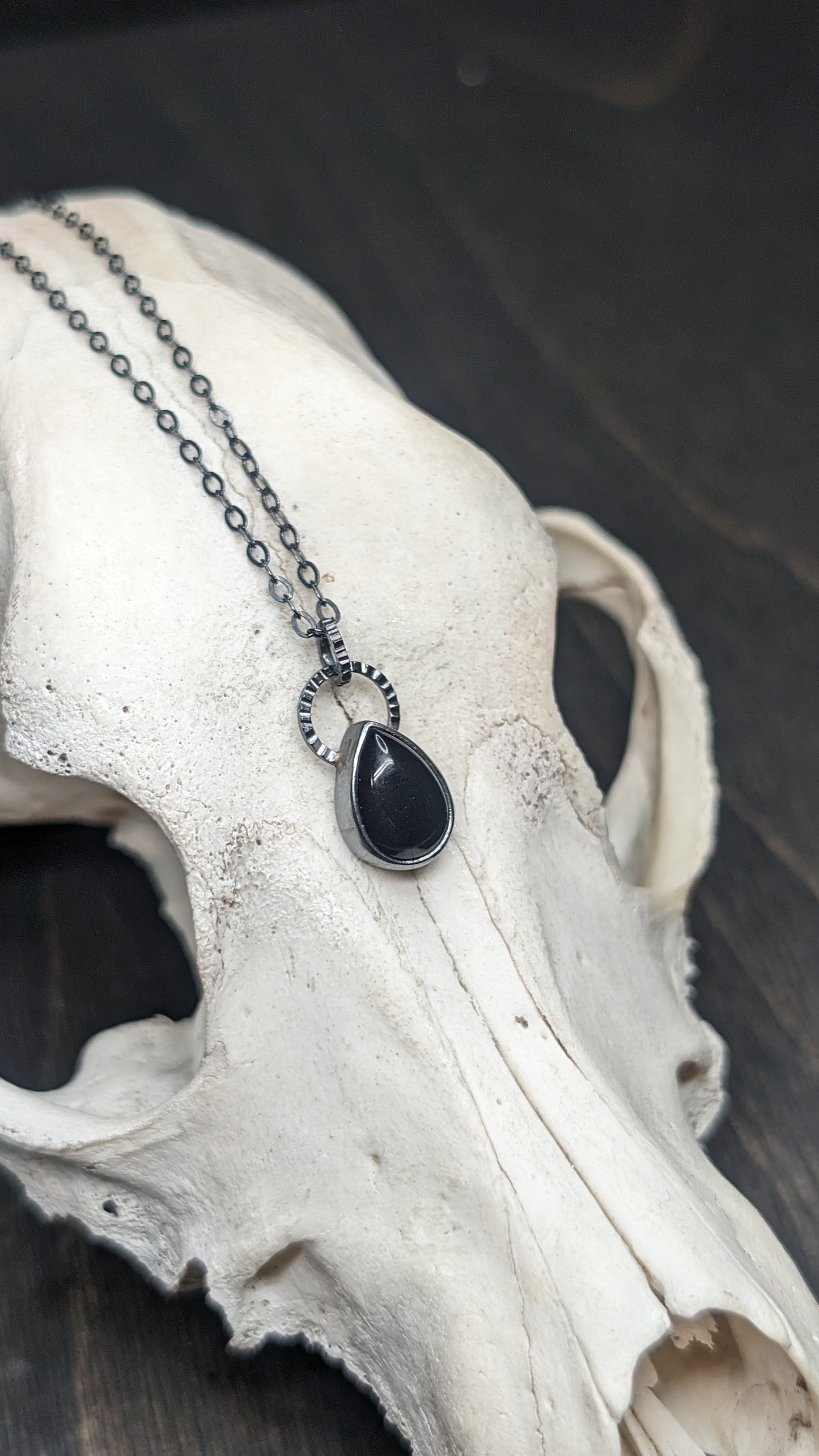 Small Black Onyx Teardrop Textured Sterling Silver Necklace
