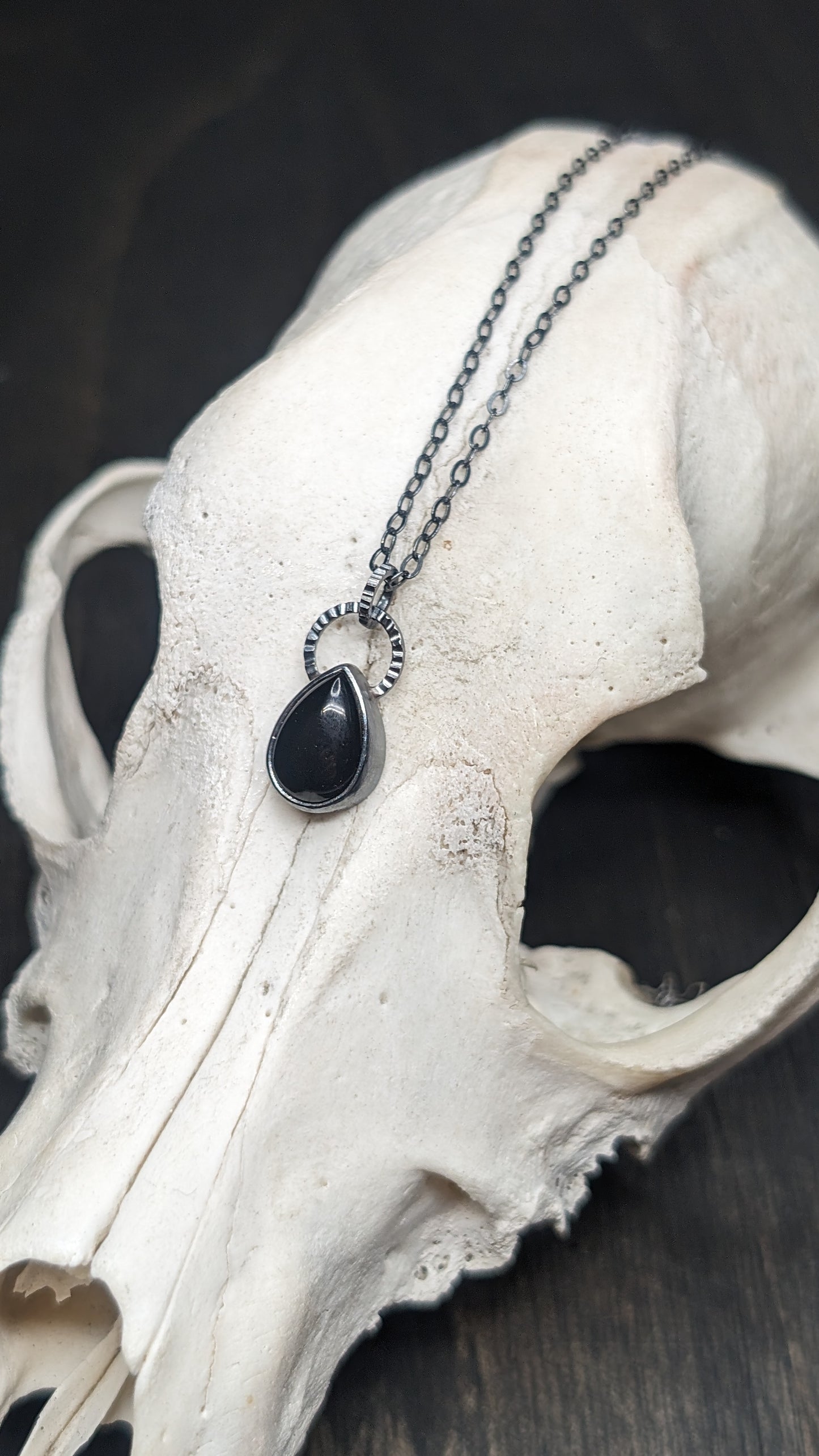 Small Black Onyx Teardrop Textured Sterling Silver Necklace