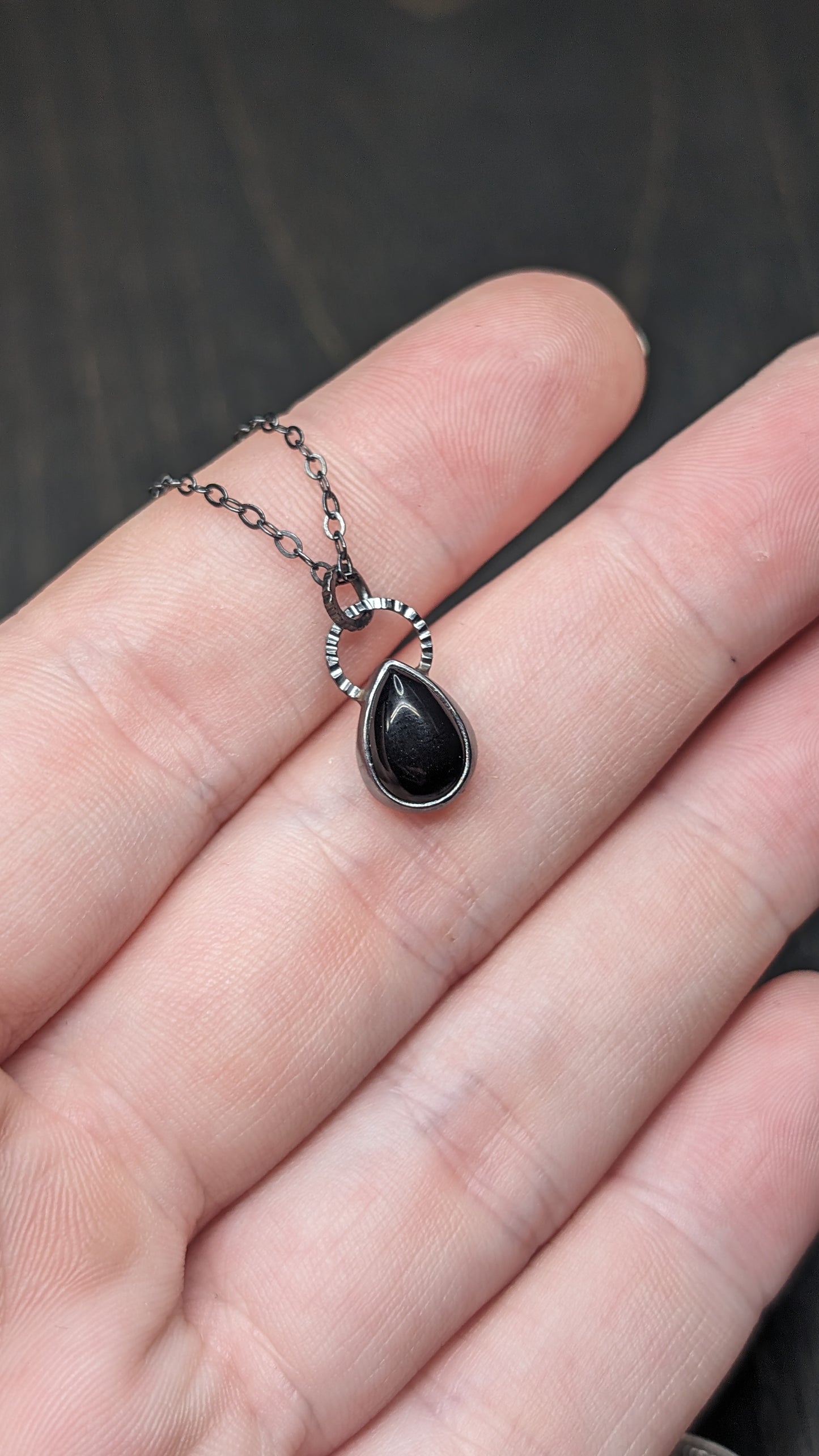 Small Black Onyx Teardrop Textured Sterling Silver Necklace