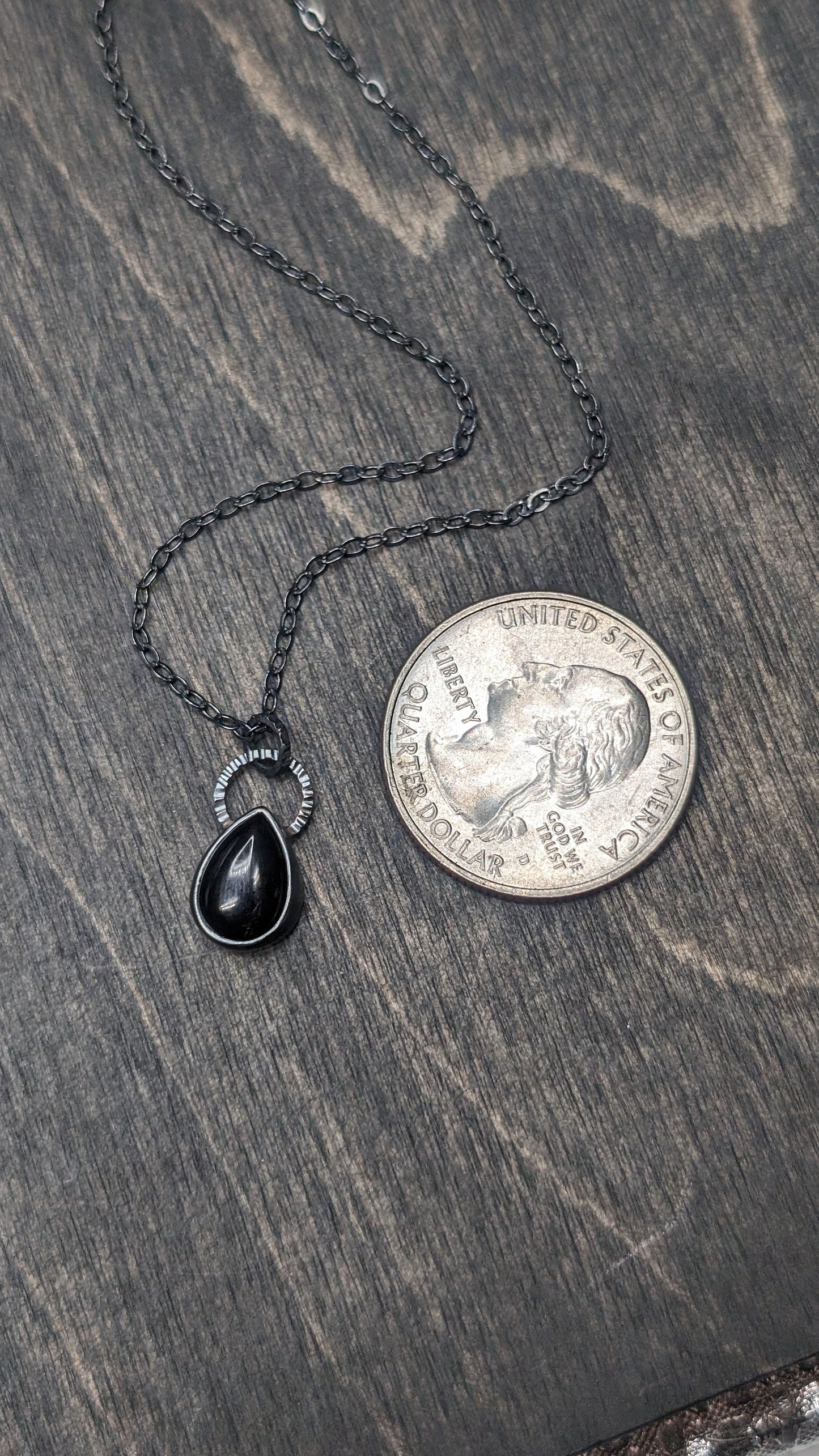 Small Black Onyx Teardrop Textured Sterling Silver Necklace