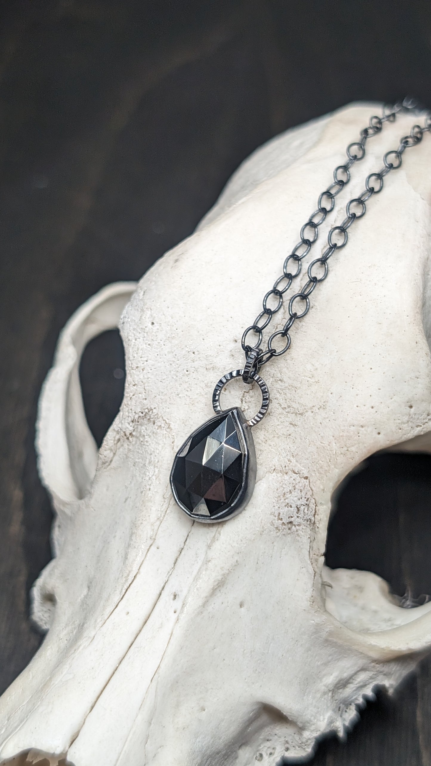 Rose Cut Hematite Teardrop Textured Sterling Silver Necklace