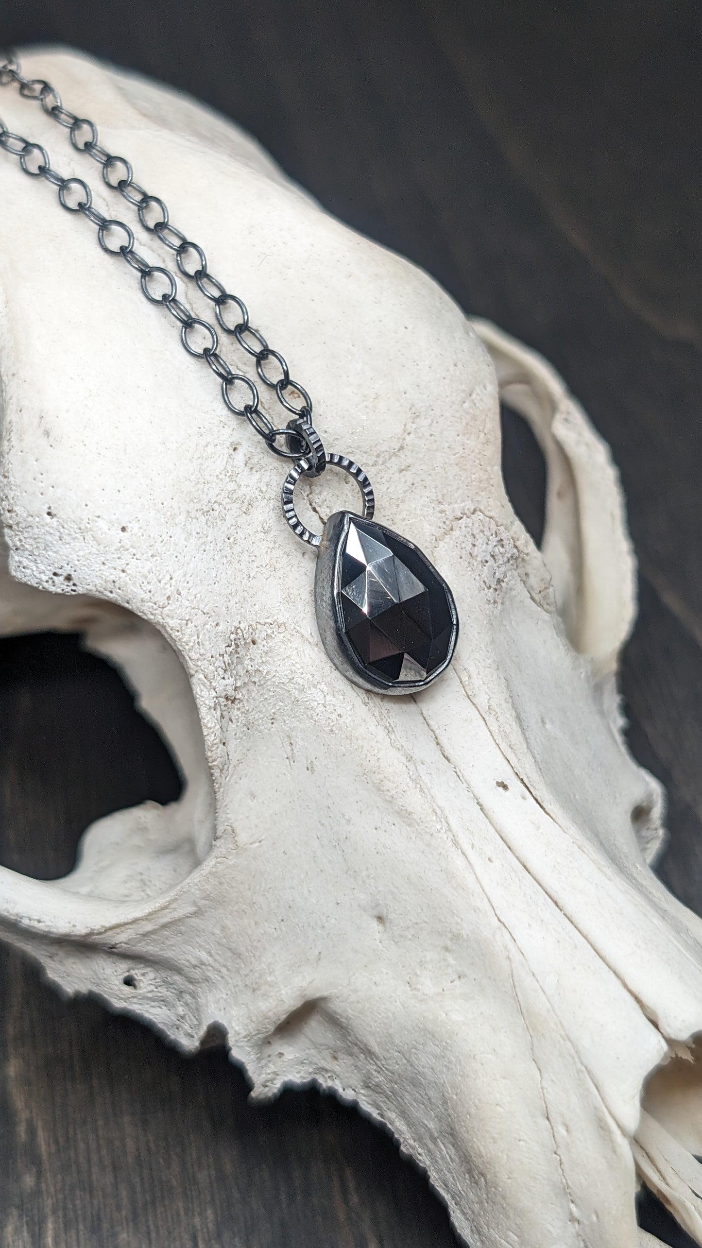 Rose Cut Hematite Teardrop Textured Sterling Silver Necklace