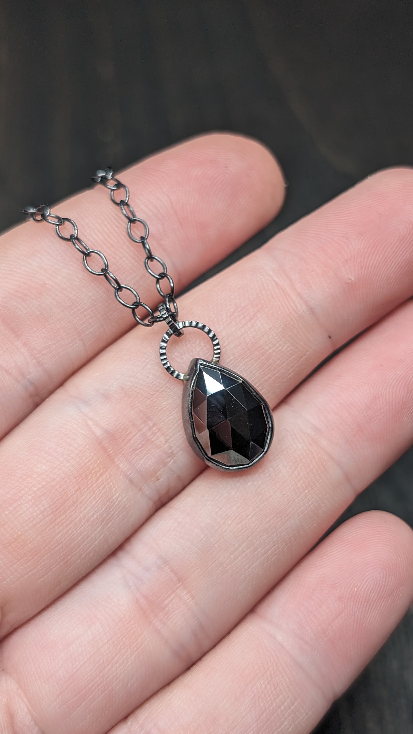 Rose Cut Hematite Teardrop Textured Sterling Silver Necklace
