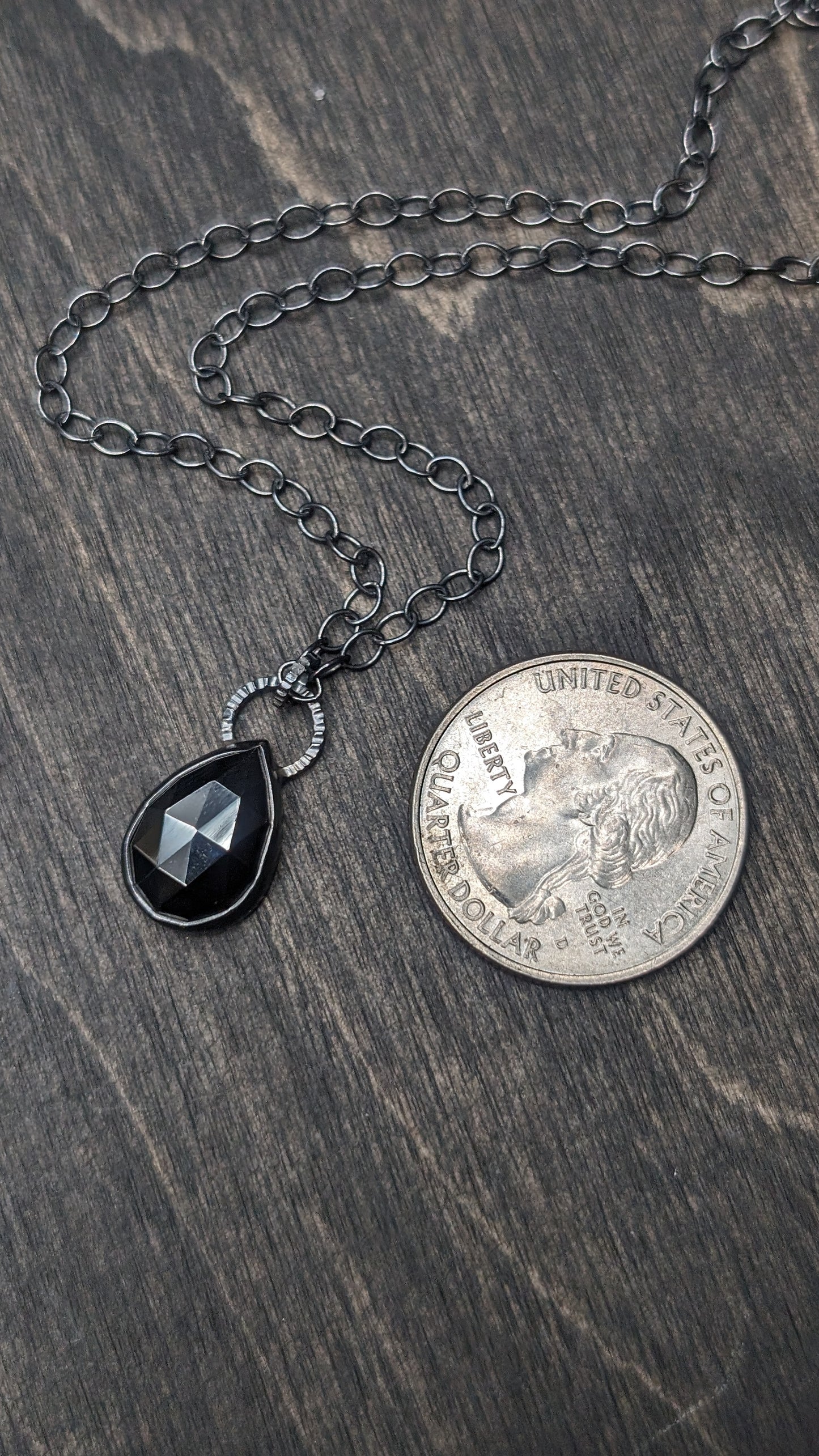 Rose Cut Hematite Teardrop Textured Sterling Silver Necklace