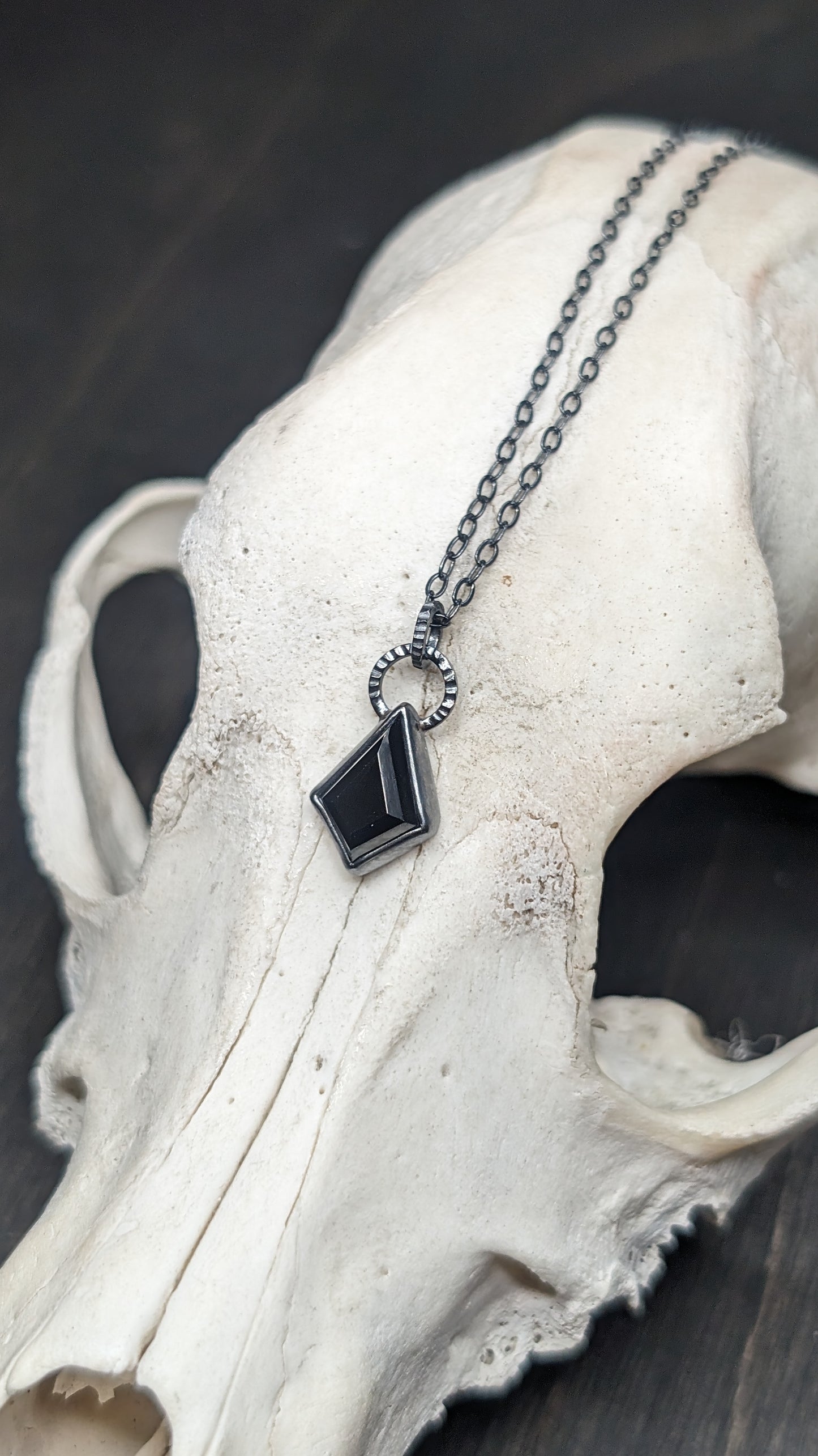 Small Black Spinel Kite Textured Sterling Silver Necklace