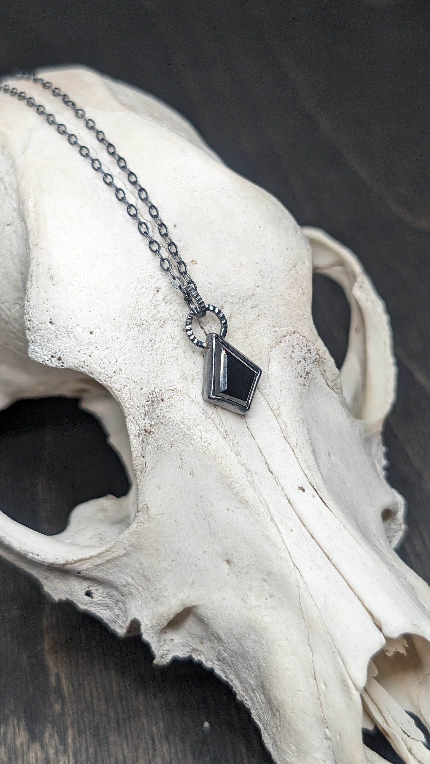 Small Black Spinel Kite Textured Sterling Silver Necklace