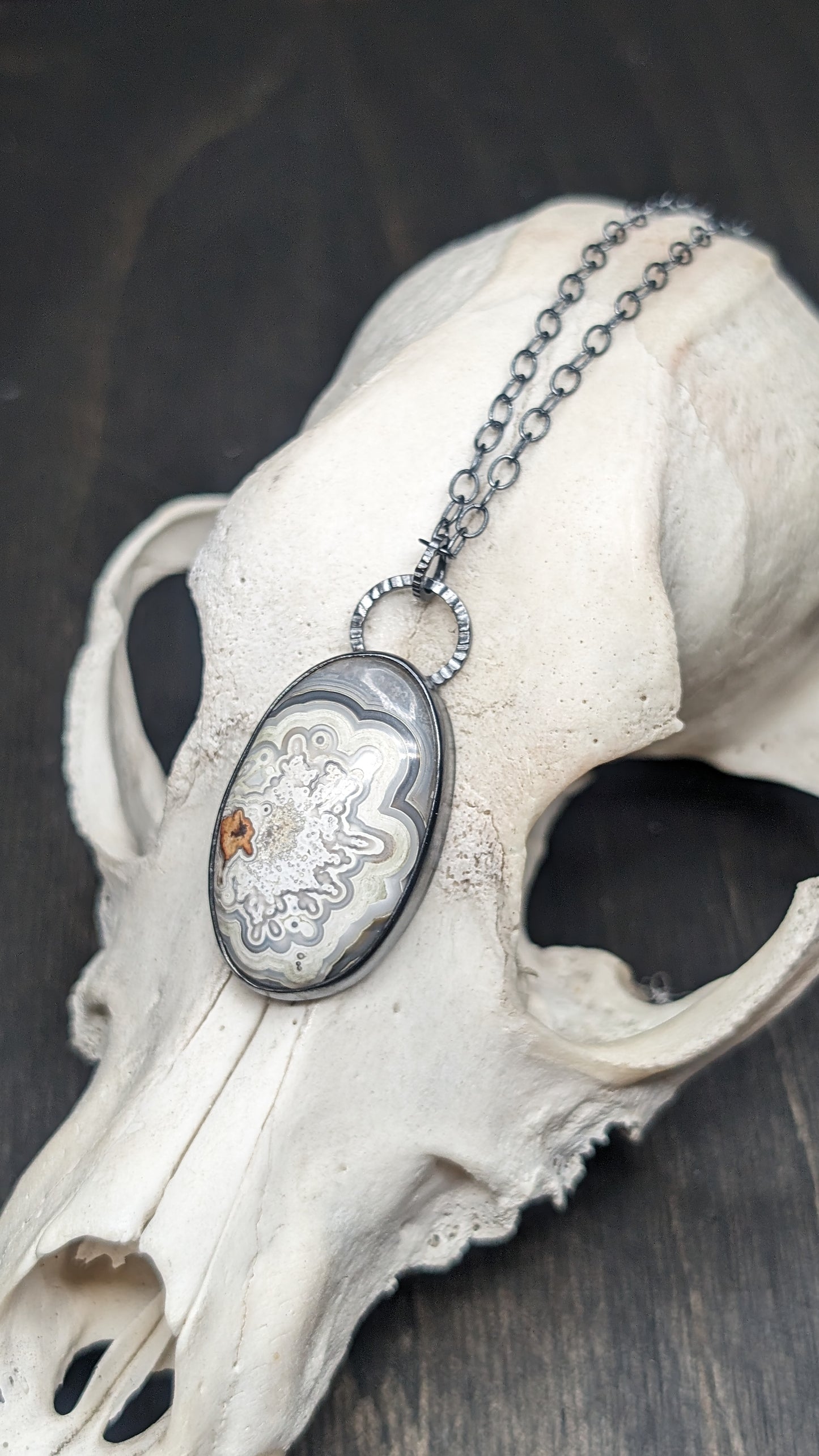 Medium Crazy Lace Agate Textured Sterling Silver Necklace