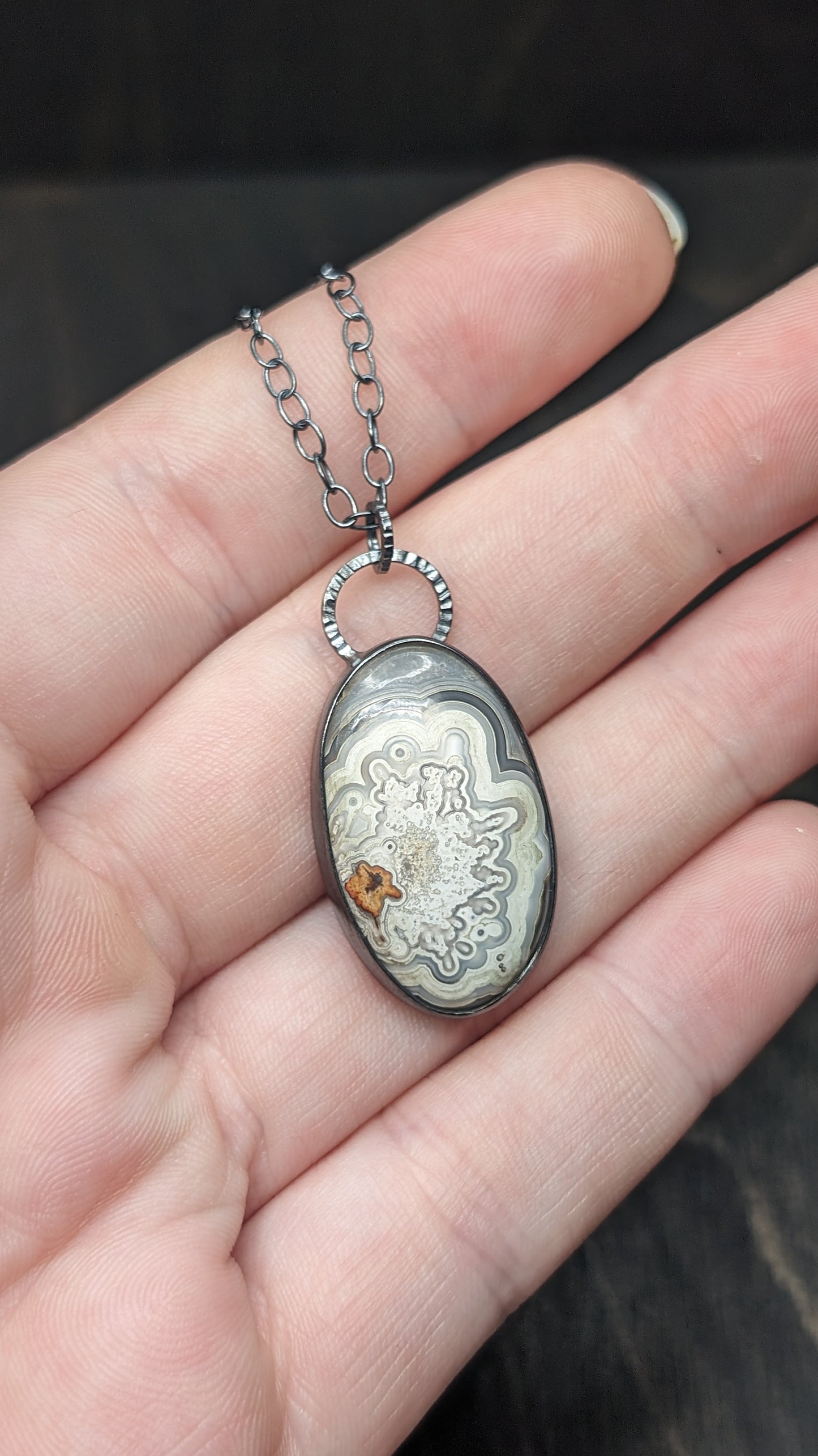 Medium Crazy Lace Agate Textured Sterling Silver Necklace