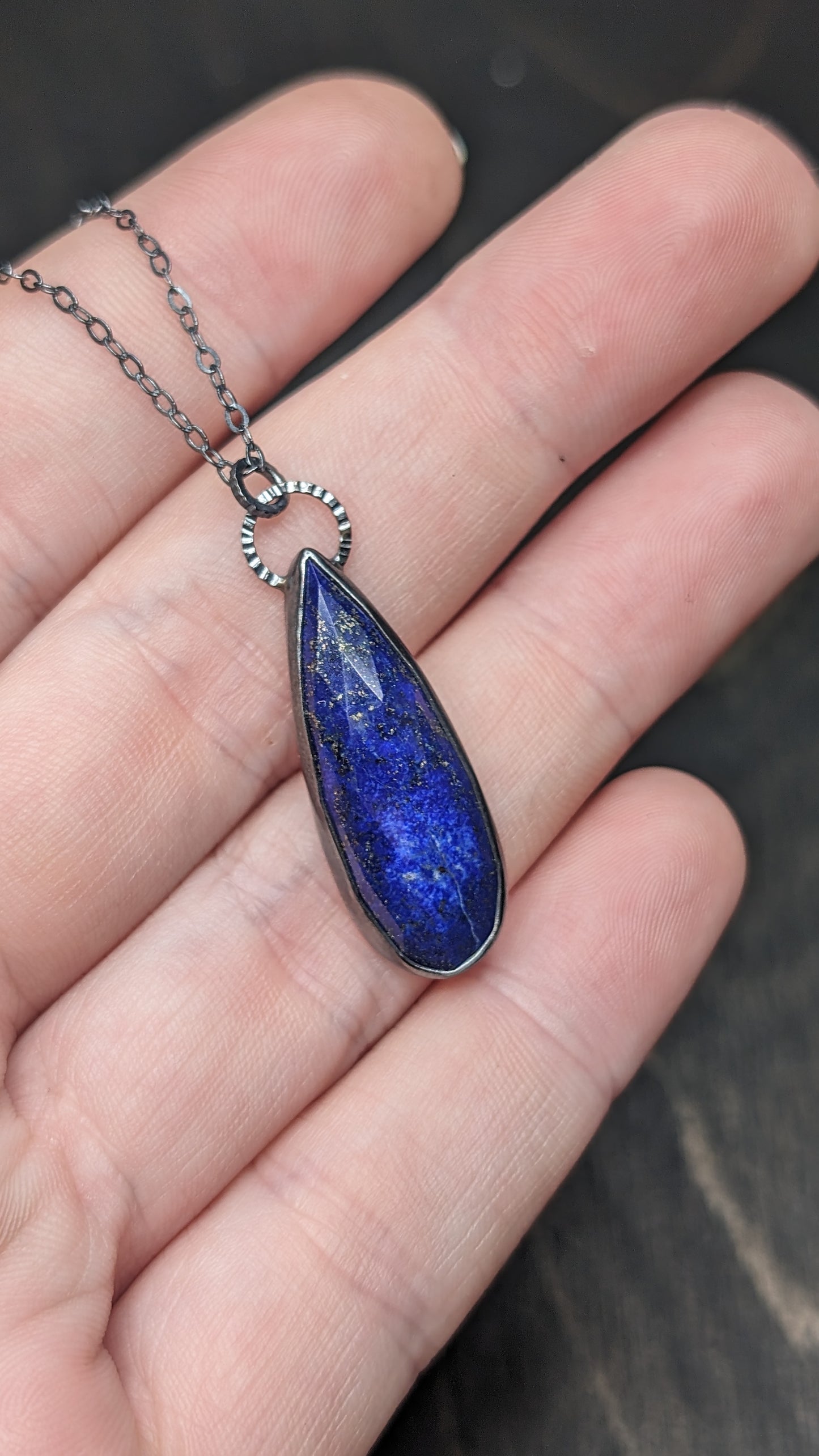Lapis Lazuli Teardrop Textured Sterling Silver Necklace