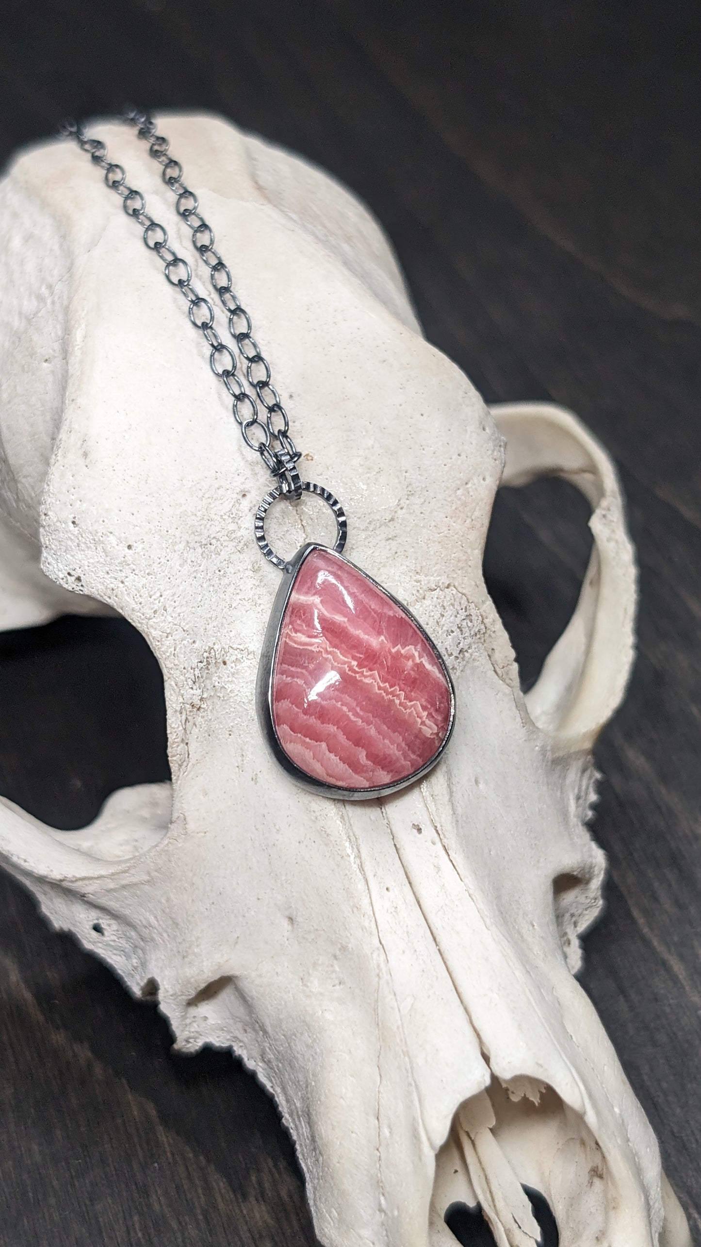 Rhodochrosite Teardrop Textured Sterling Silver Necklace