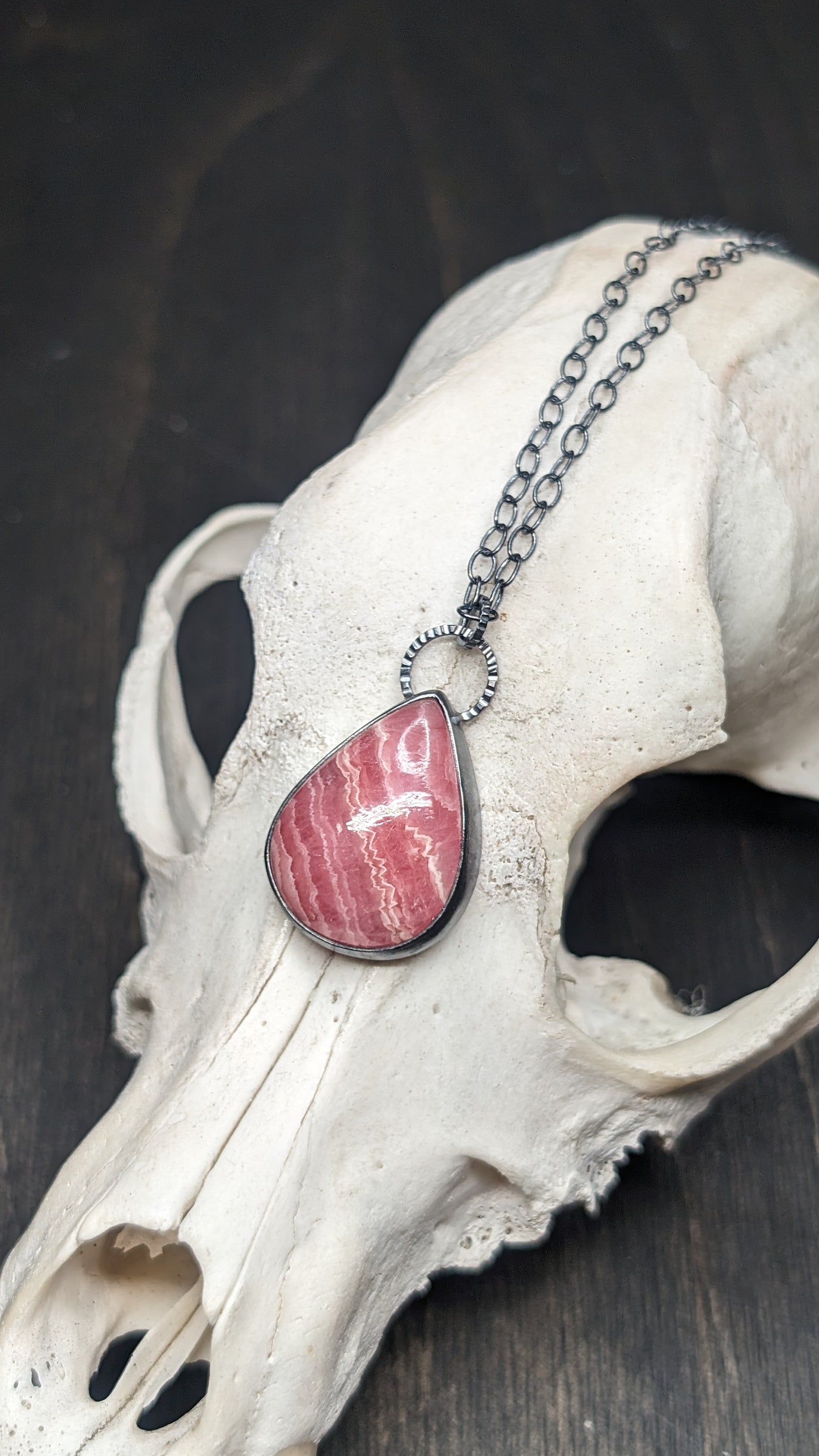 Rhodochrosite Teardrop Textured Sterling Silver Necklace