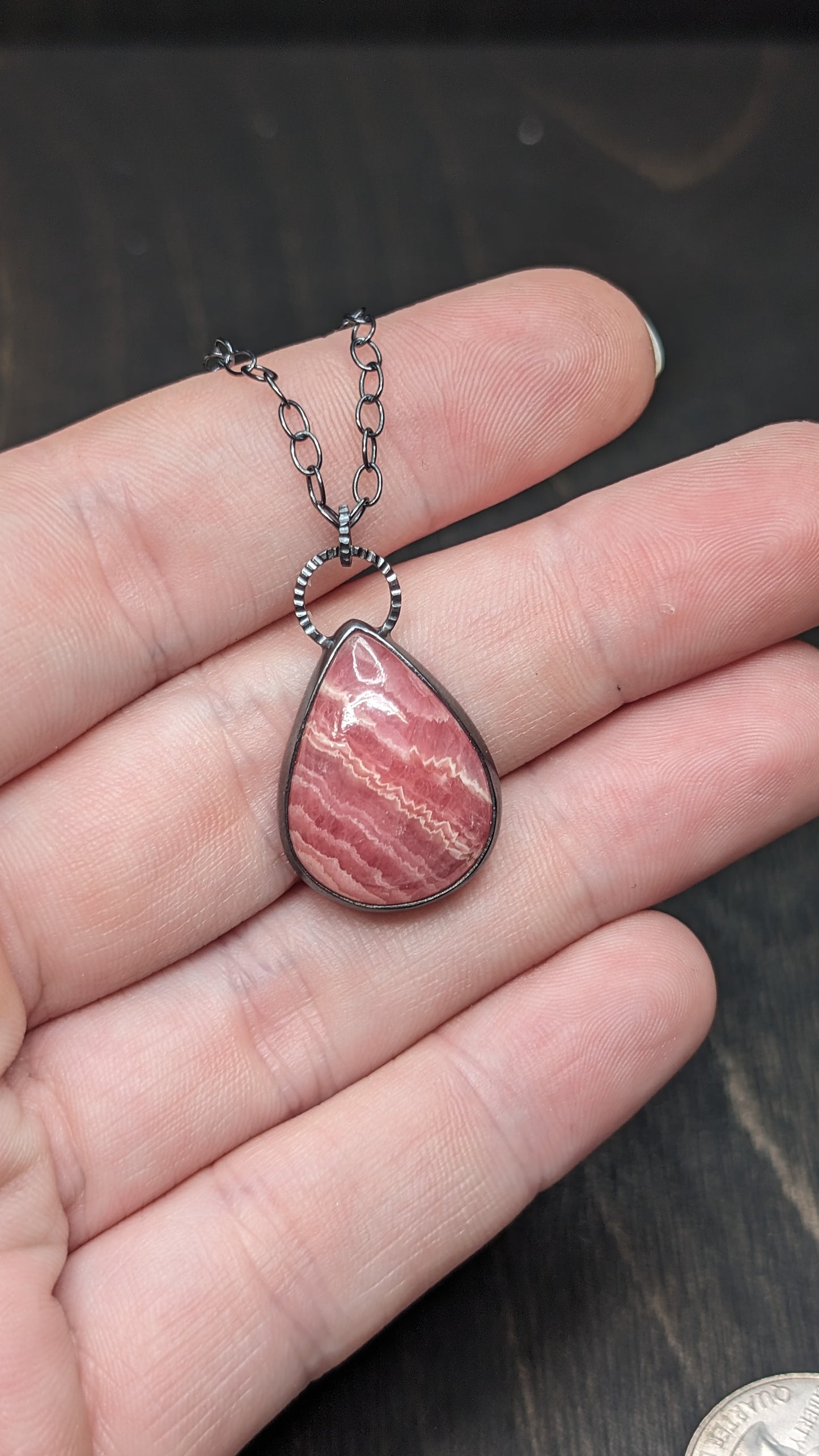 Rhodochrosite Teardrop Textured Sterling Silver Necklace