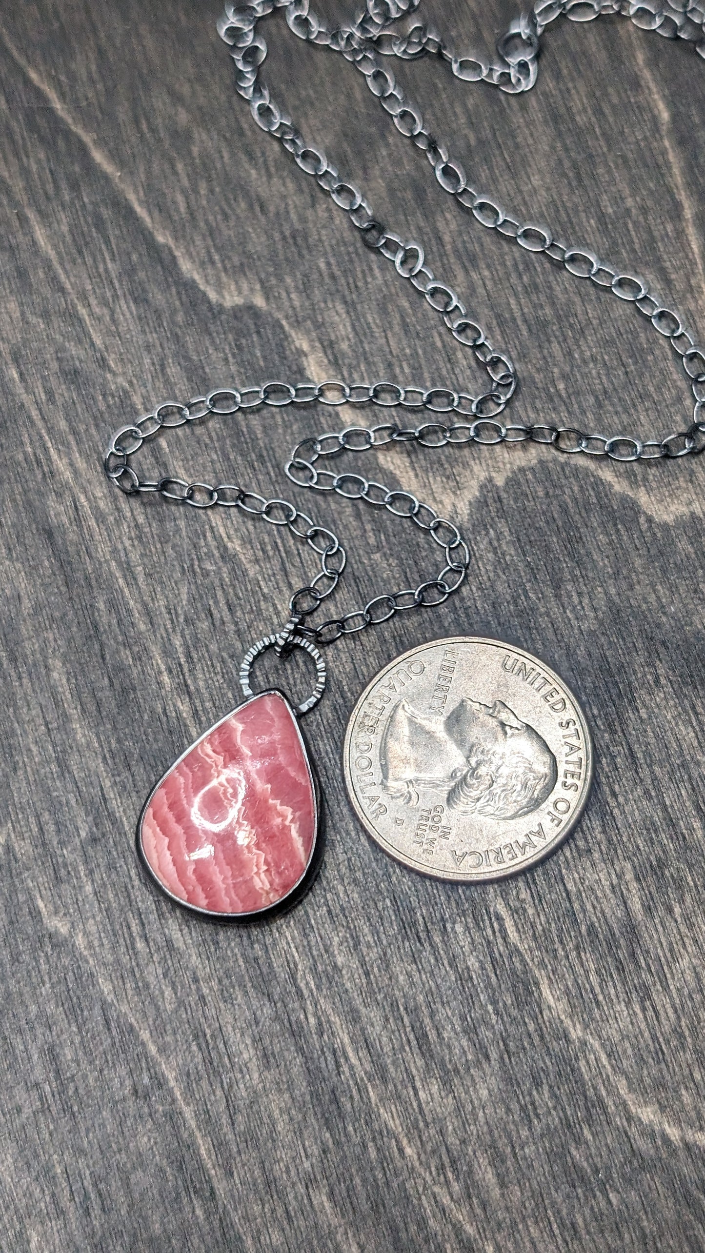 Rhodochrosite Teardrop Textured Sterling Silver Necklace