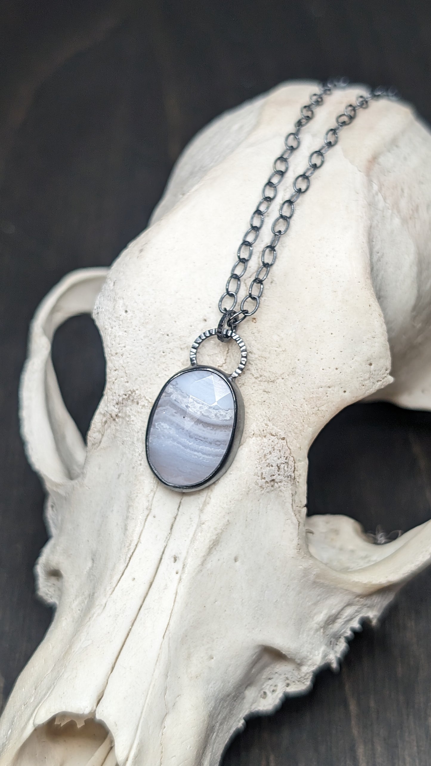 Facted Oval Blue Lace Agate Textured Sterling Silver Necklace