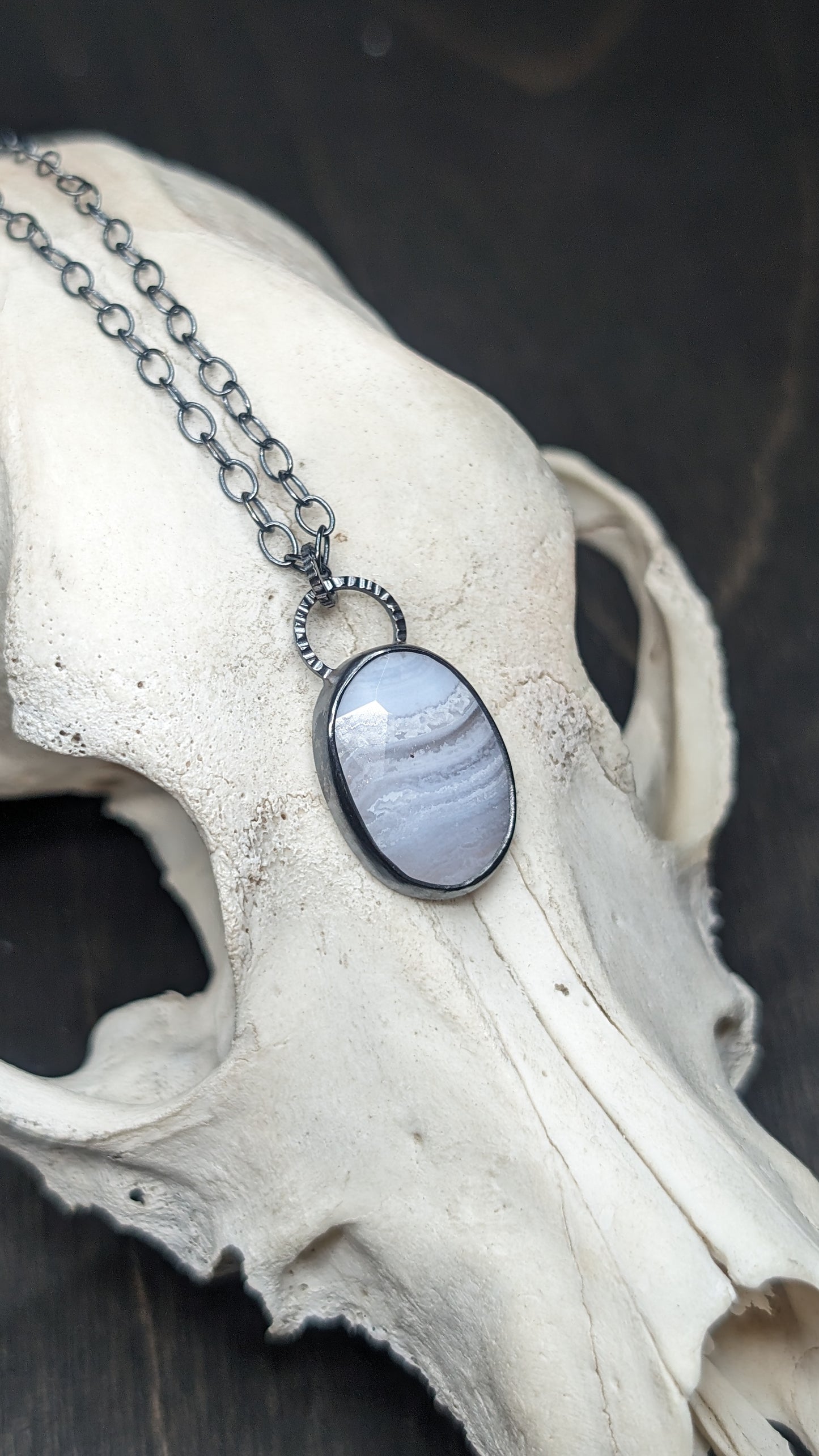 Facted Oval Blue Lace Agate Textured Sterling Silver Necklace