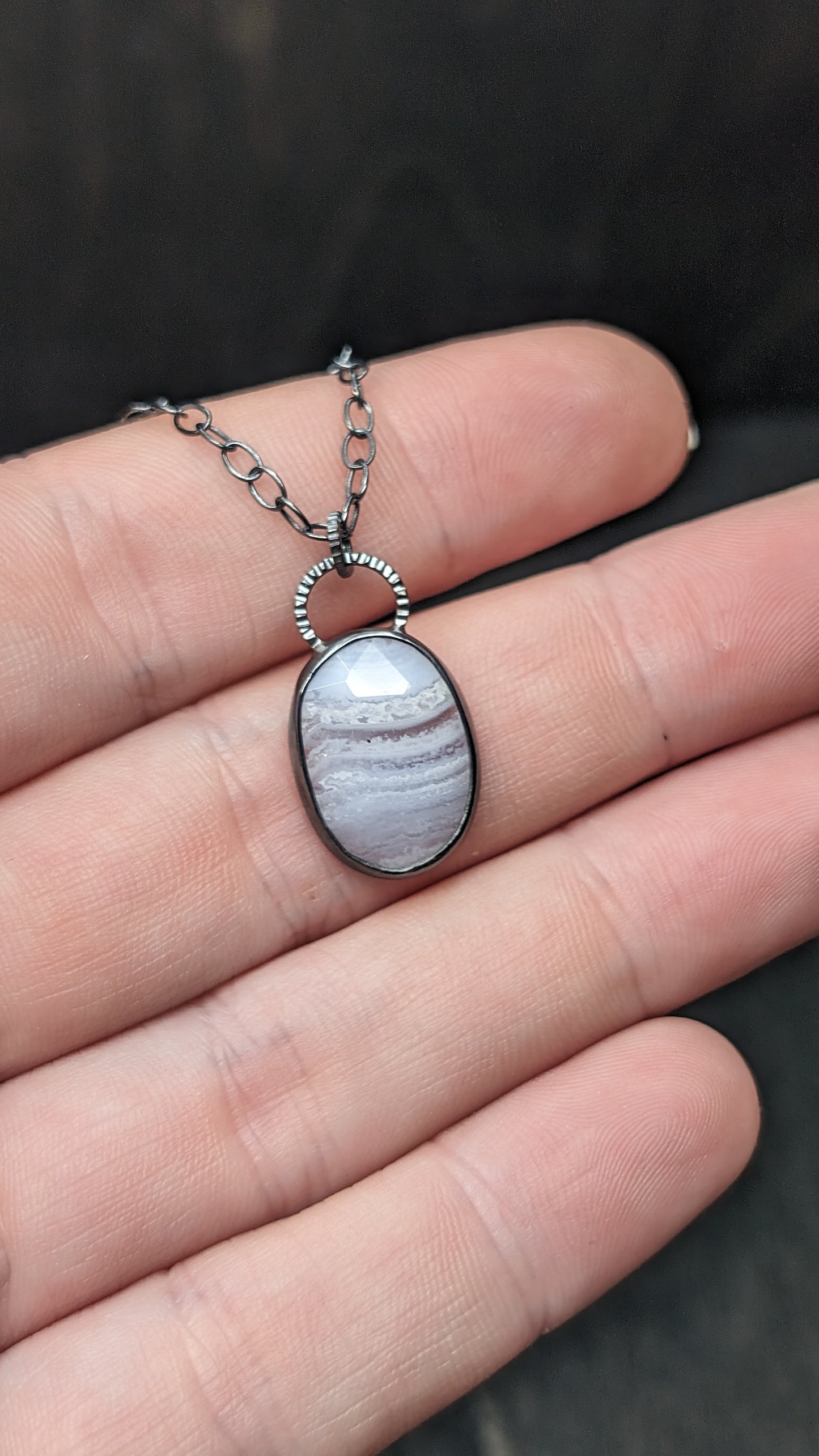 Facted Oval Blue Lace Agate Textured Sterling Silver Necklace