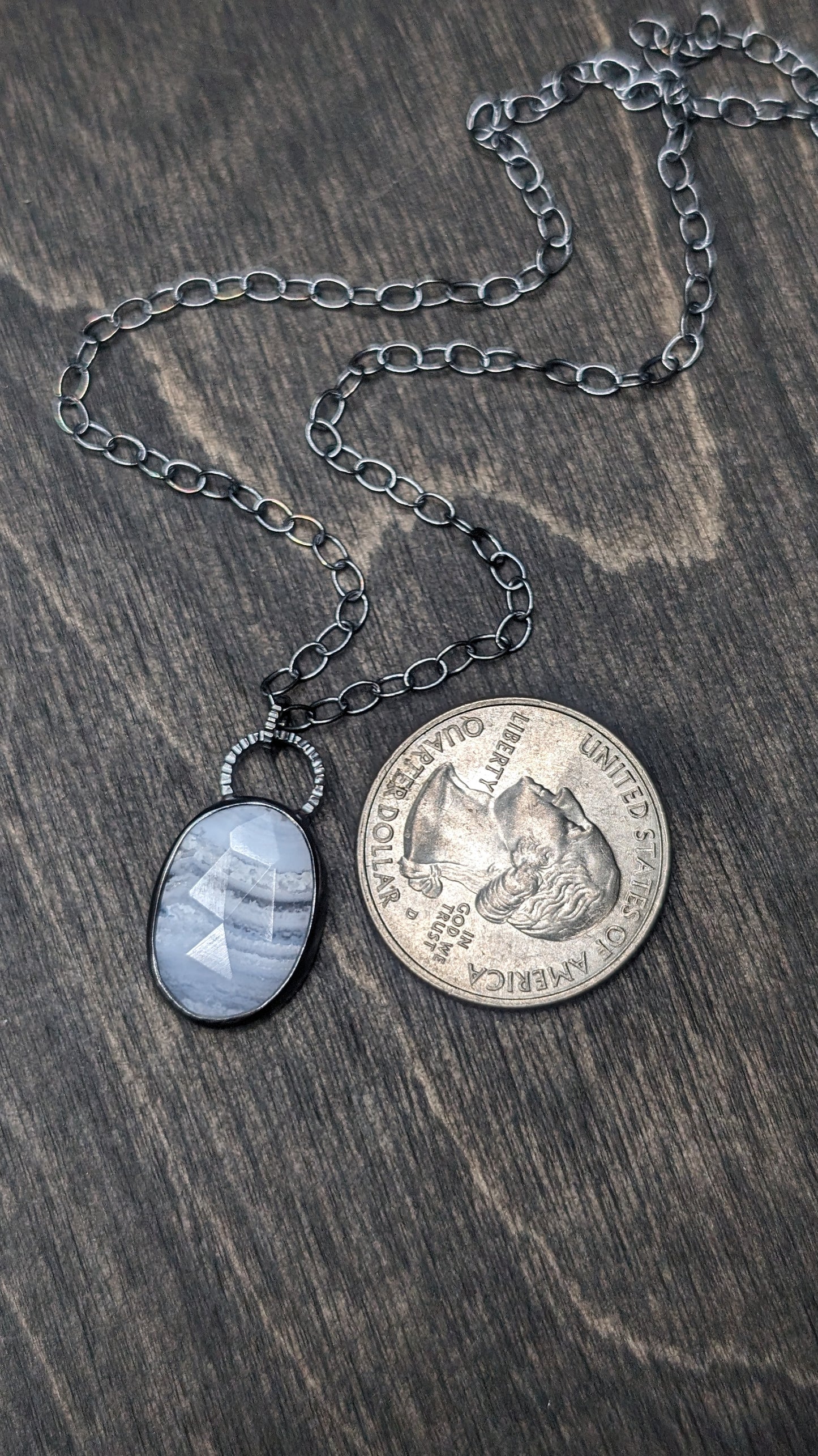 Facted Oval Blue Lace Agate Textured Sterling Silver Necklace