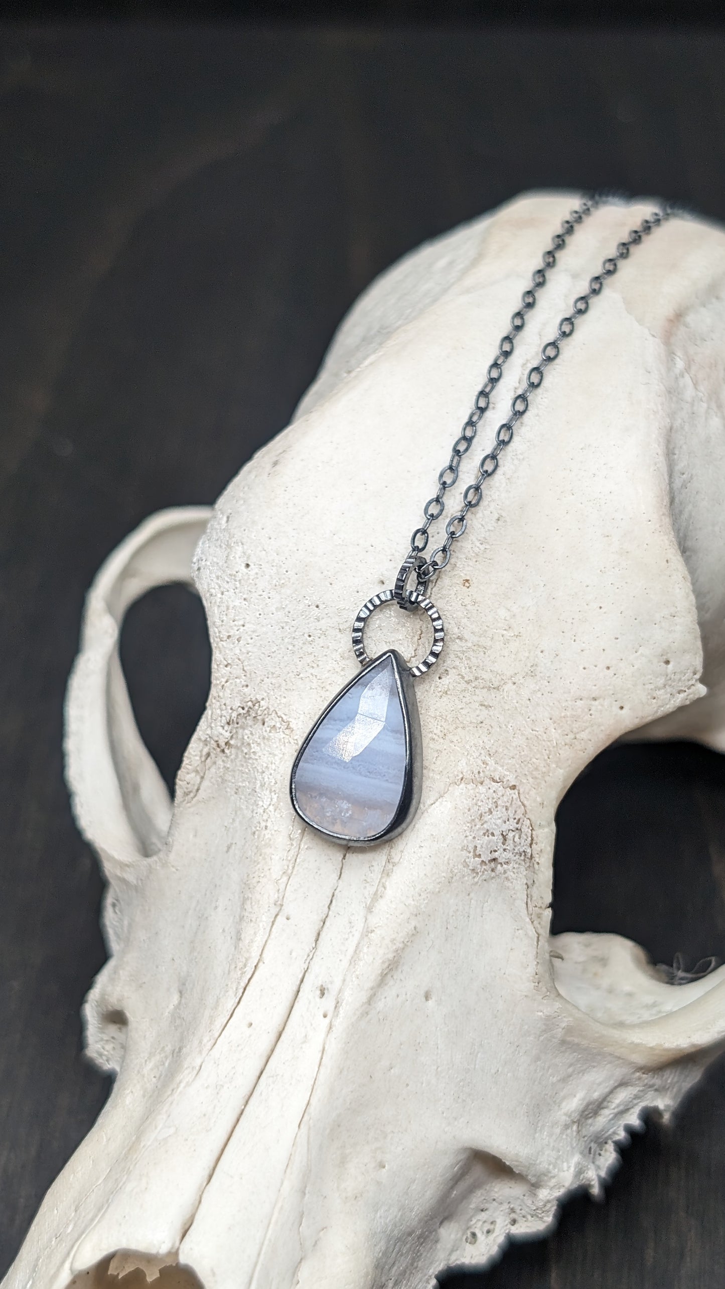 Teardrop Blue Lace Agate Textured Sterling Silver Necklace