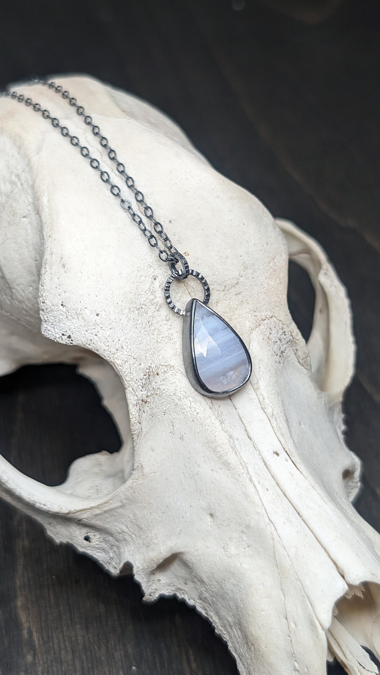 Teardrop Blue Lace Agate Textured Sterling Silver Necklace