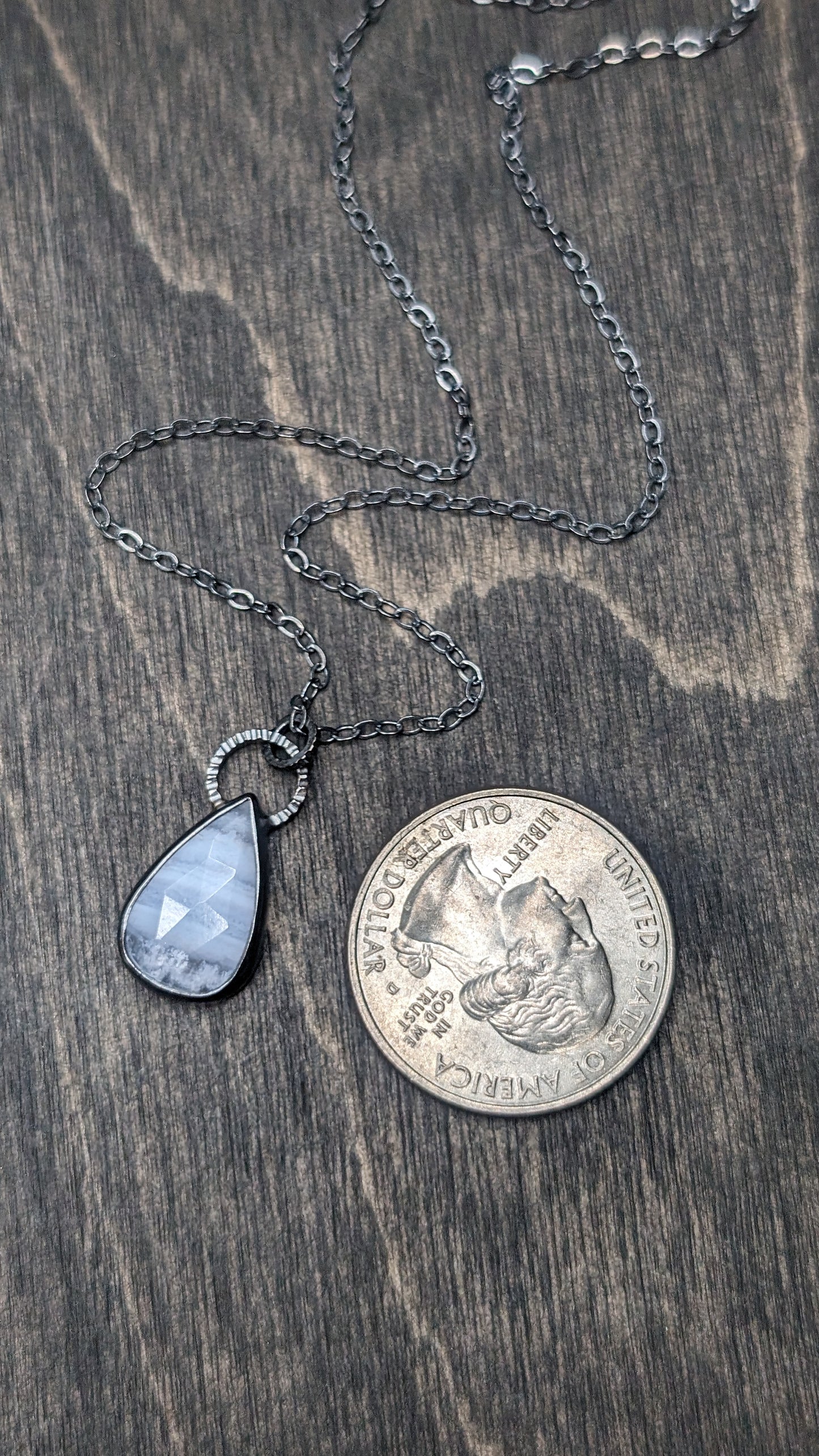 Teardrop Blue Lace Agate Textured Sterling Silver Necklace