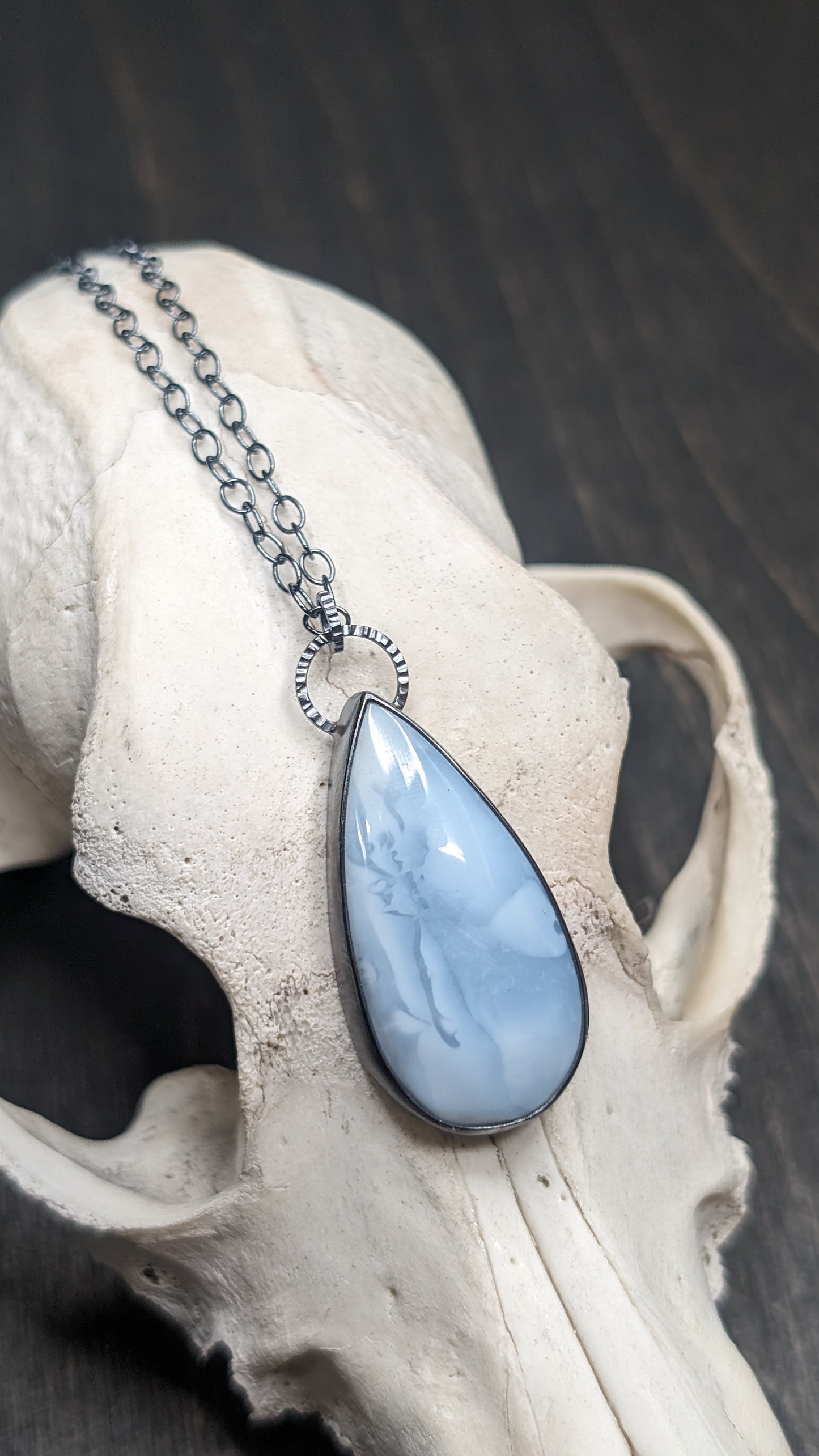 Teardrop Blue Opal Textured Sterling Silver Necklace