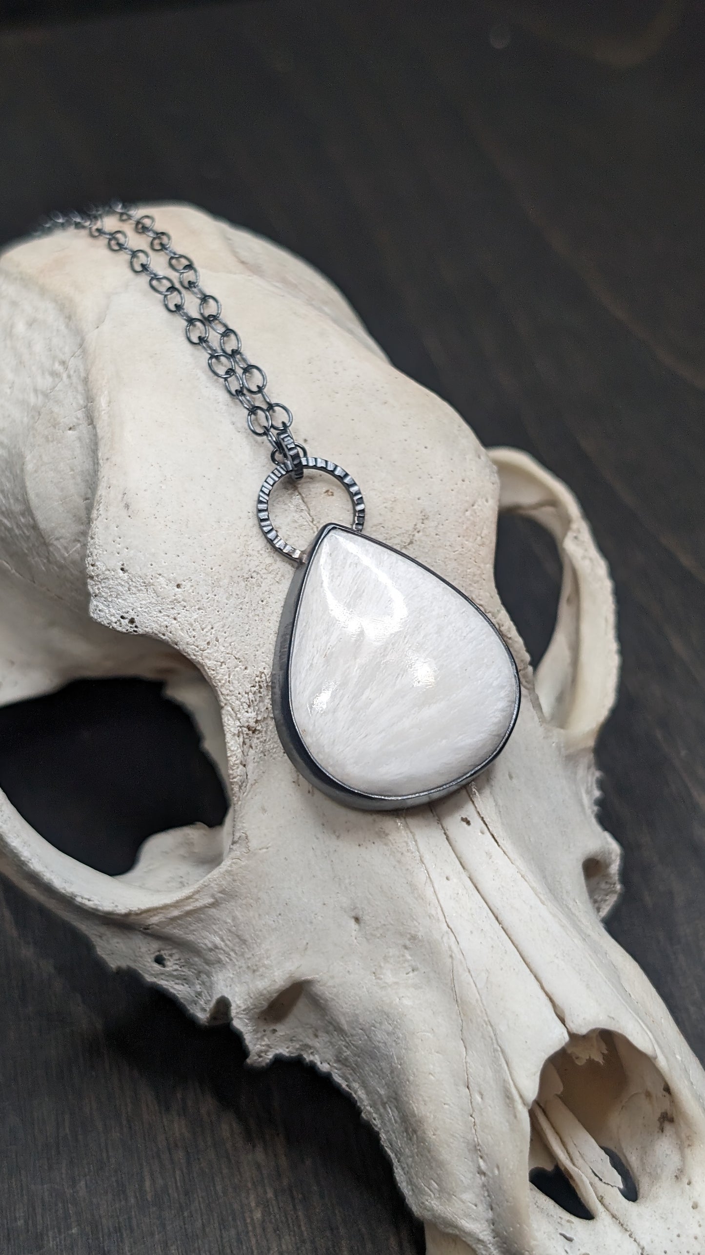 XL Scolecite Teardrop Textured Sterling Silver Necklace