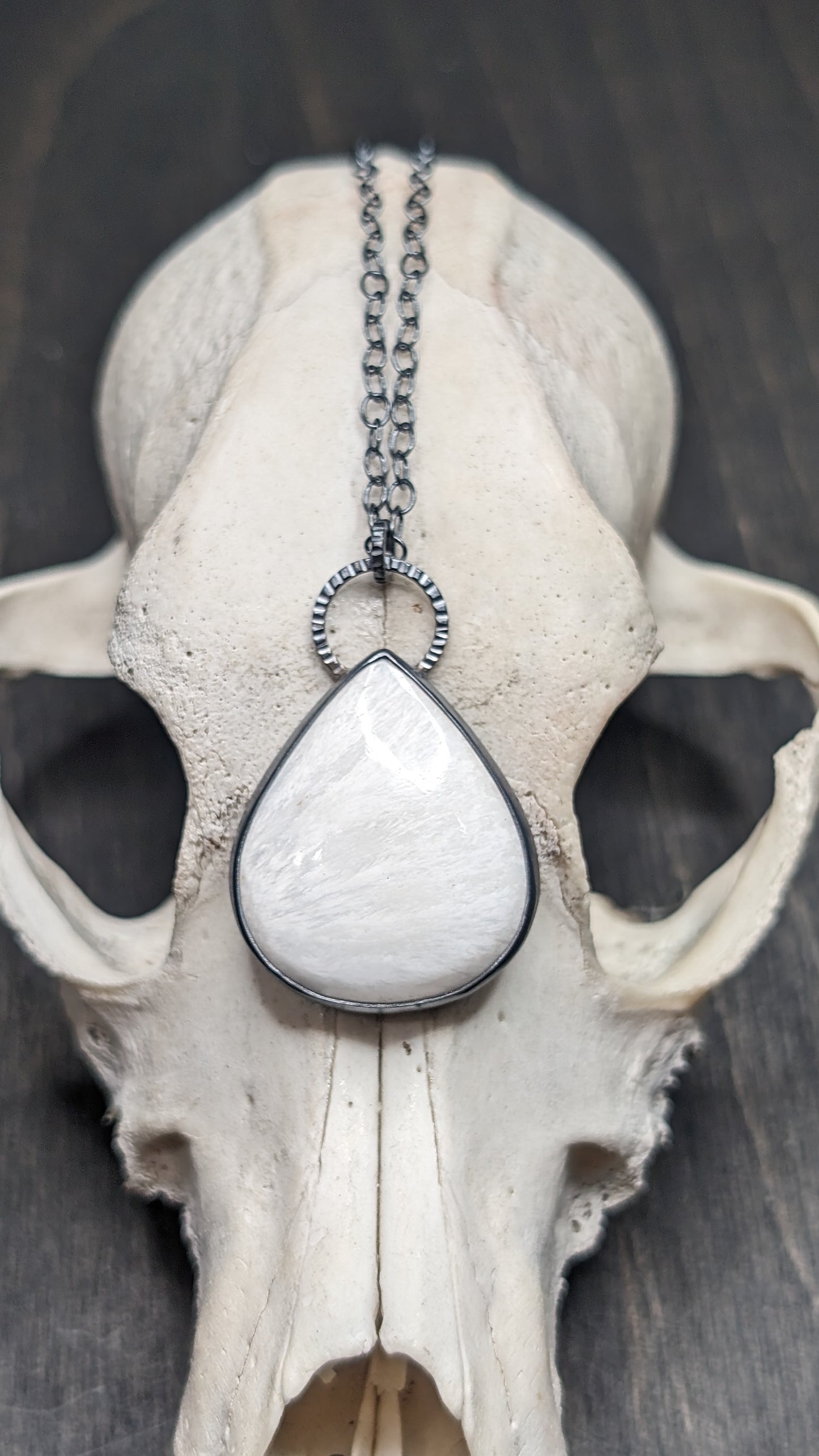 XL Scolecite Teardrop Textured Sterling Silver Necklace