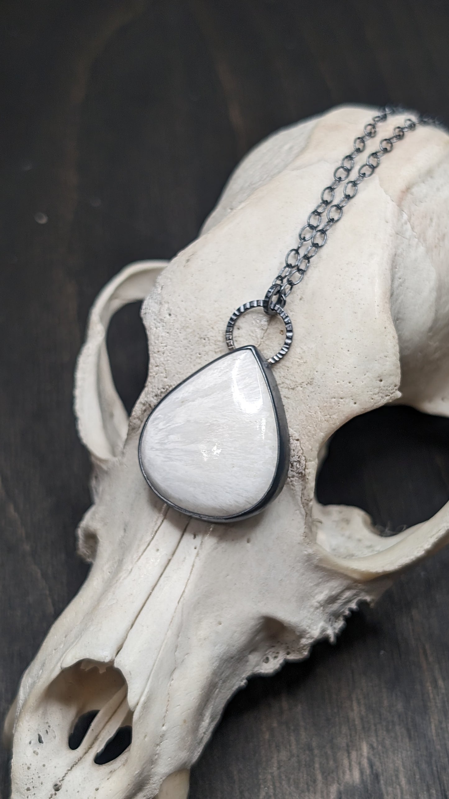 XL Scolecite Teardrop Textured Sterling Silver Necklace