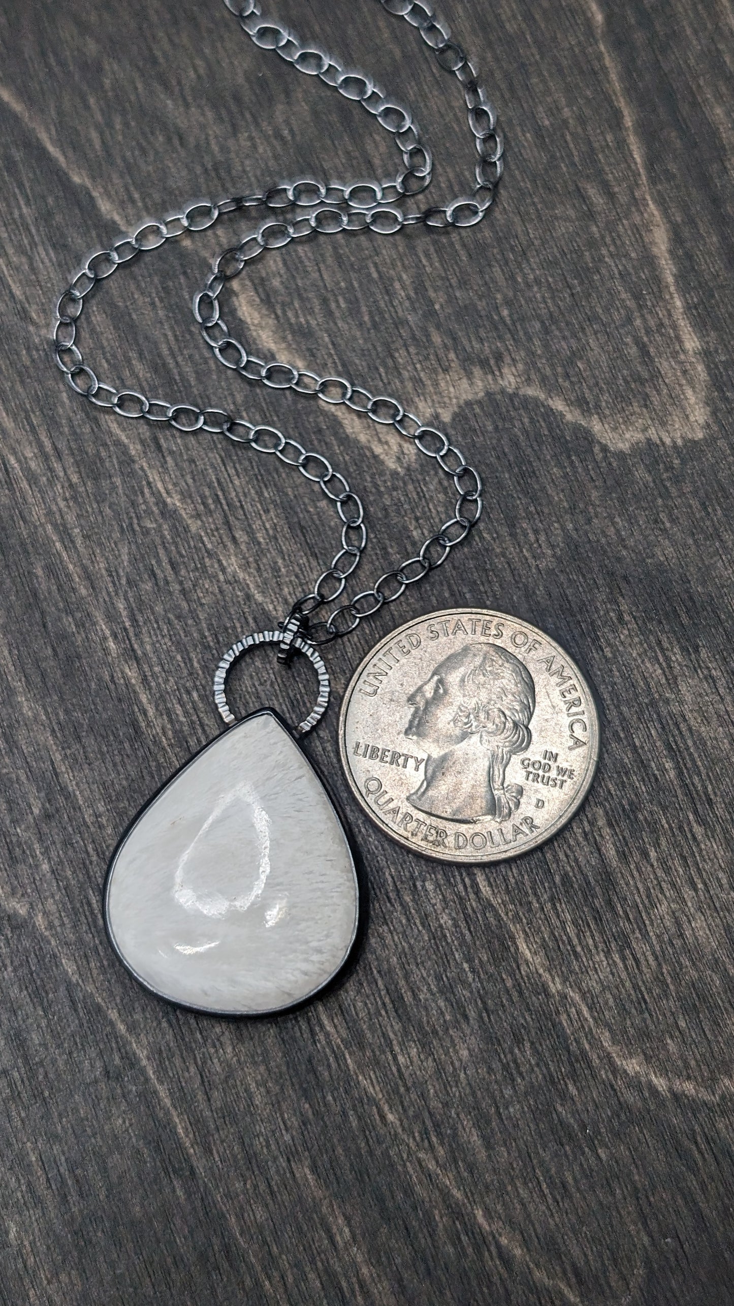 XL Scolecite Teardrop Textured Sterling Silver Necklace