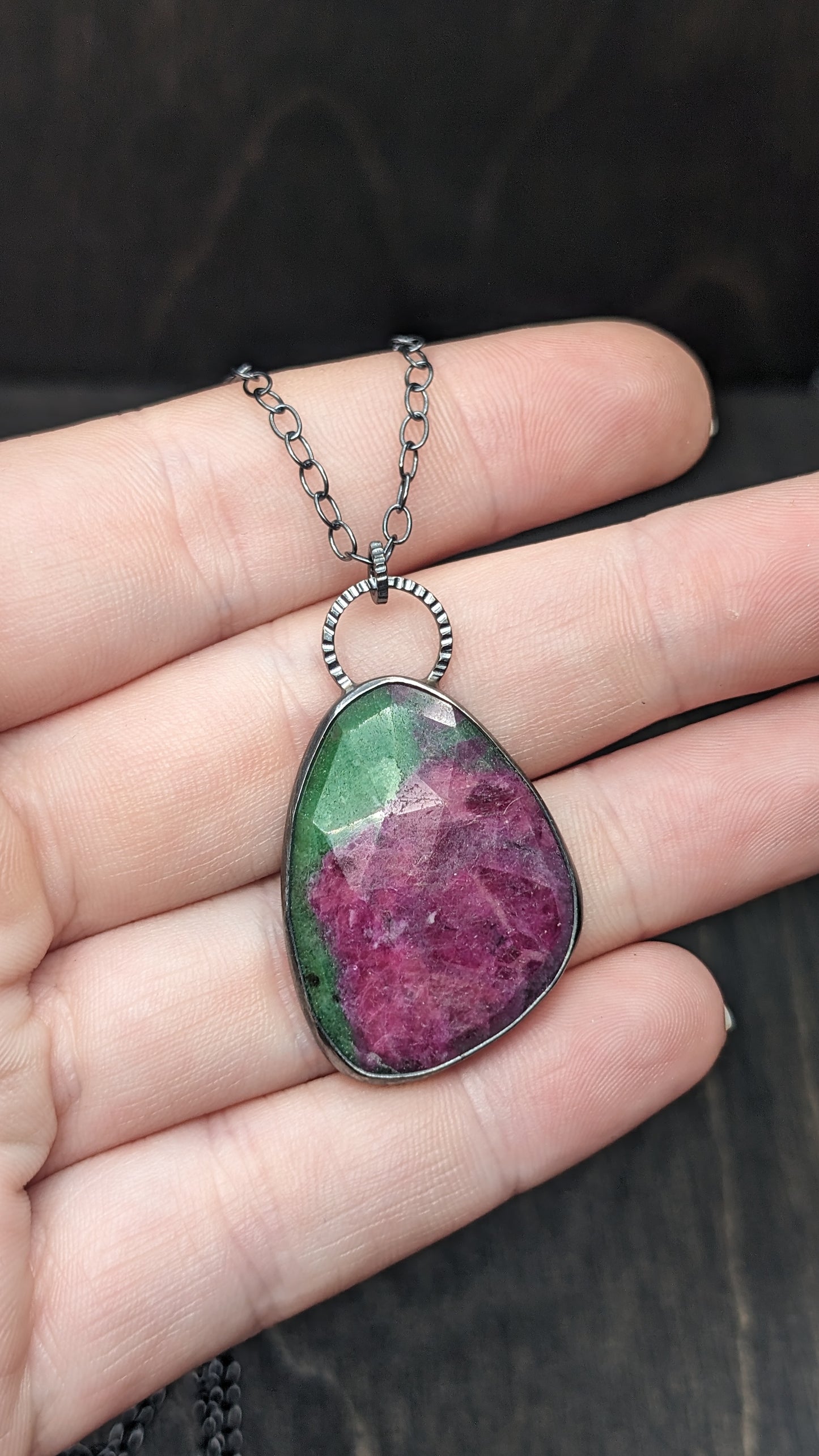 XL Ruby Zoisite Textured Sterling Silver Necklace