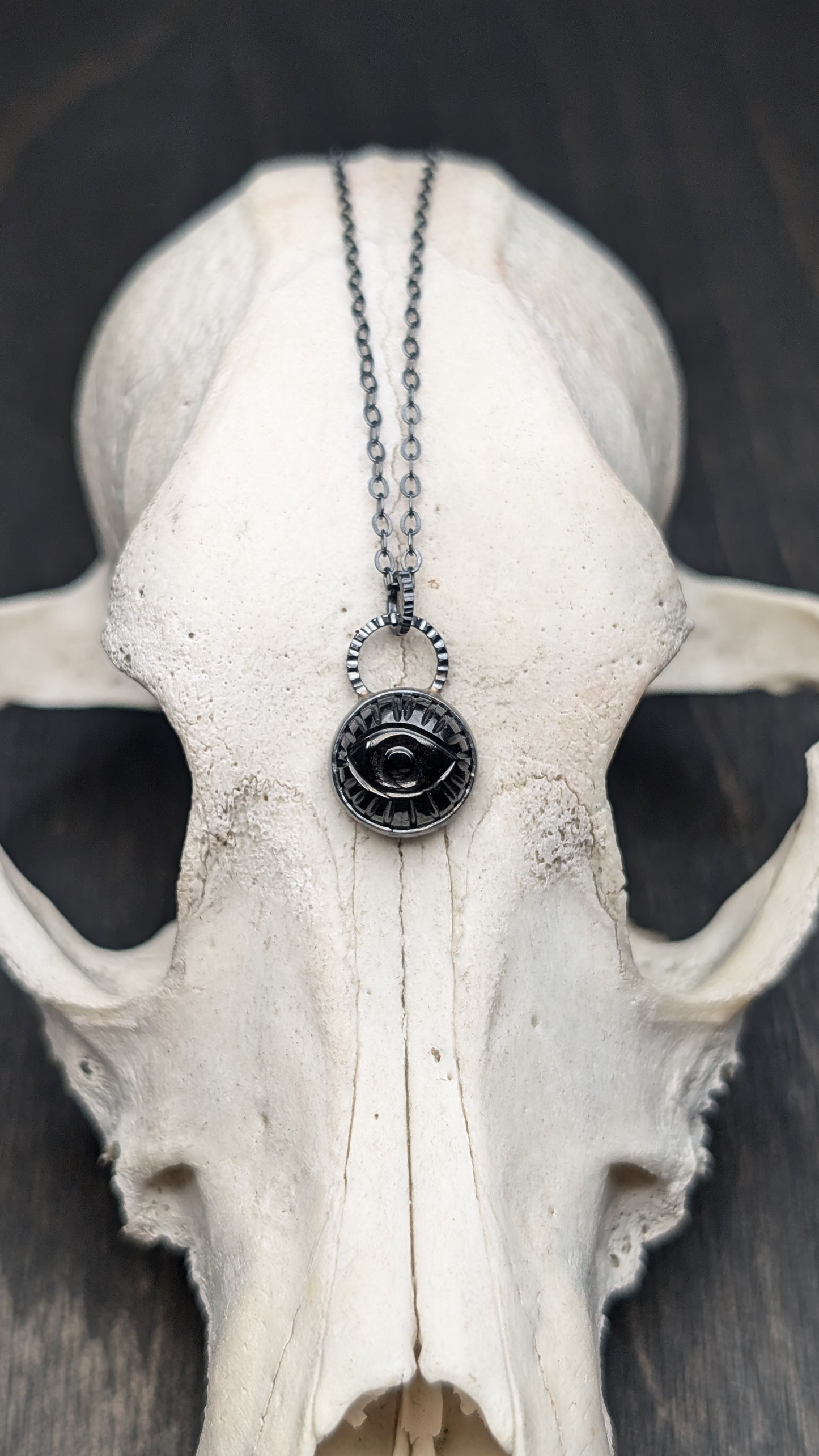 Small Round Evil Eye Black Spinel Textured Sterling Silver Necklace