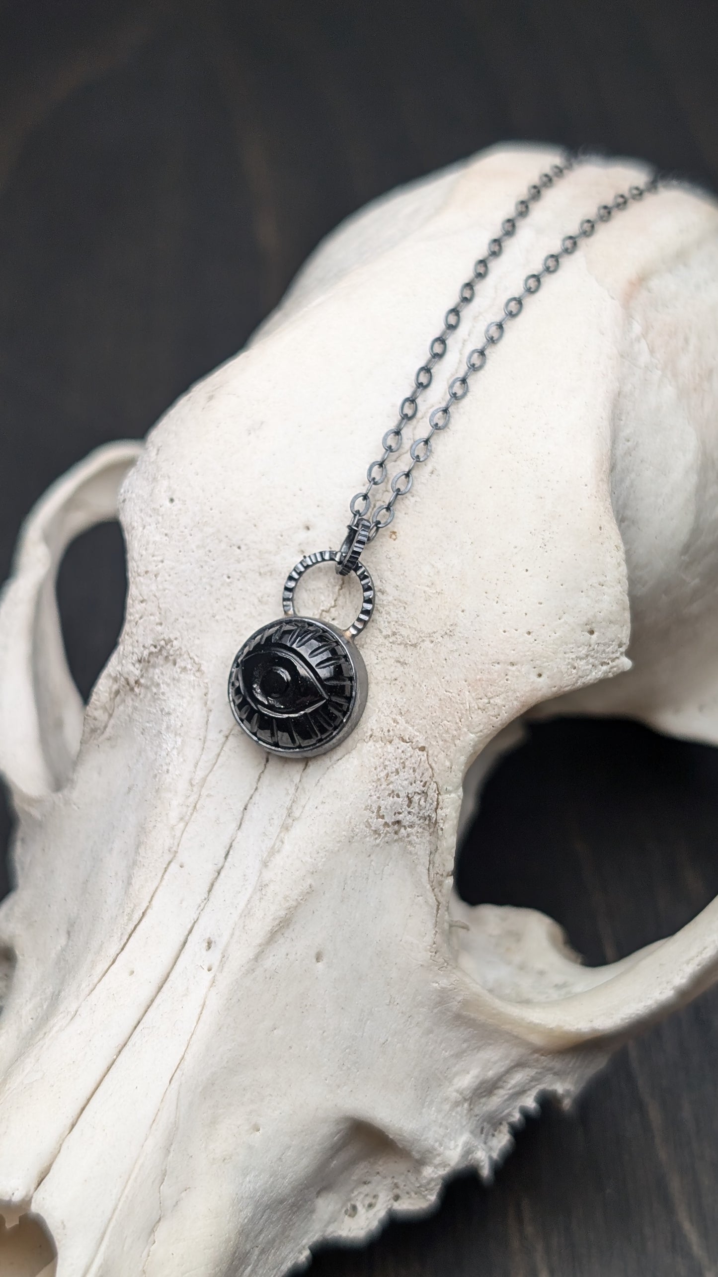Small Round Evil Eye Black Spinel Textured Sterling Silver Necklace