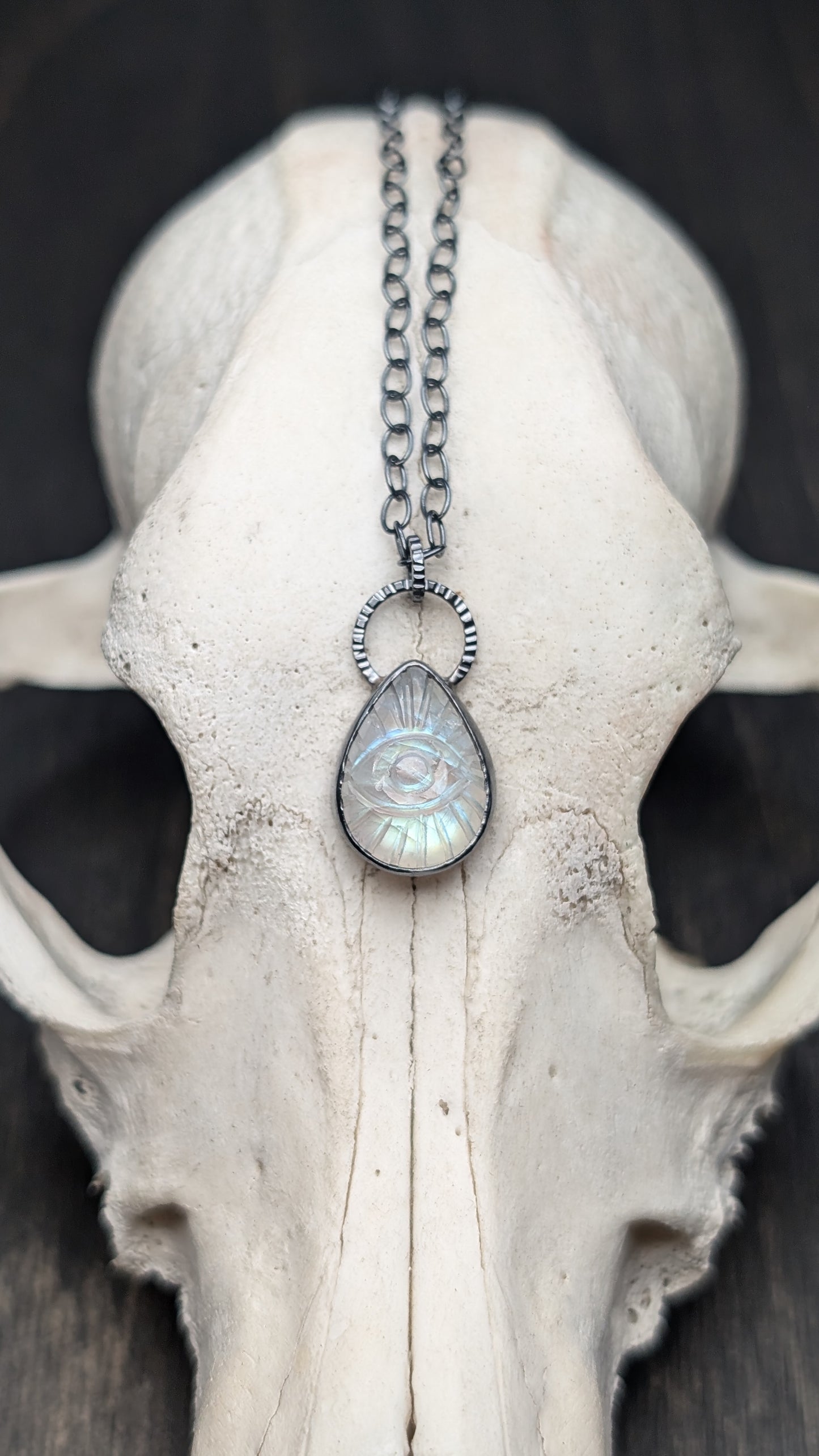 Teardrop Evil Eye Rainbow Moonston Textured Sterling Silver Necklace