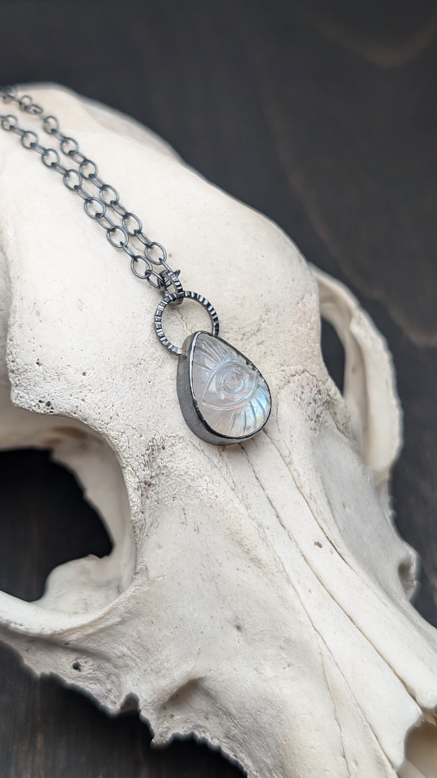 Teardrop Evil Eye Rainbow Moonston Textured Sterling Silver Necklace