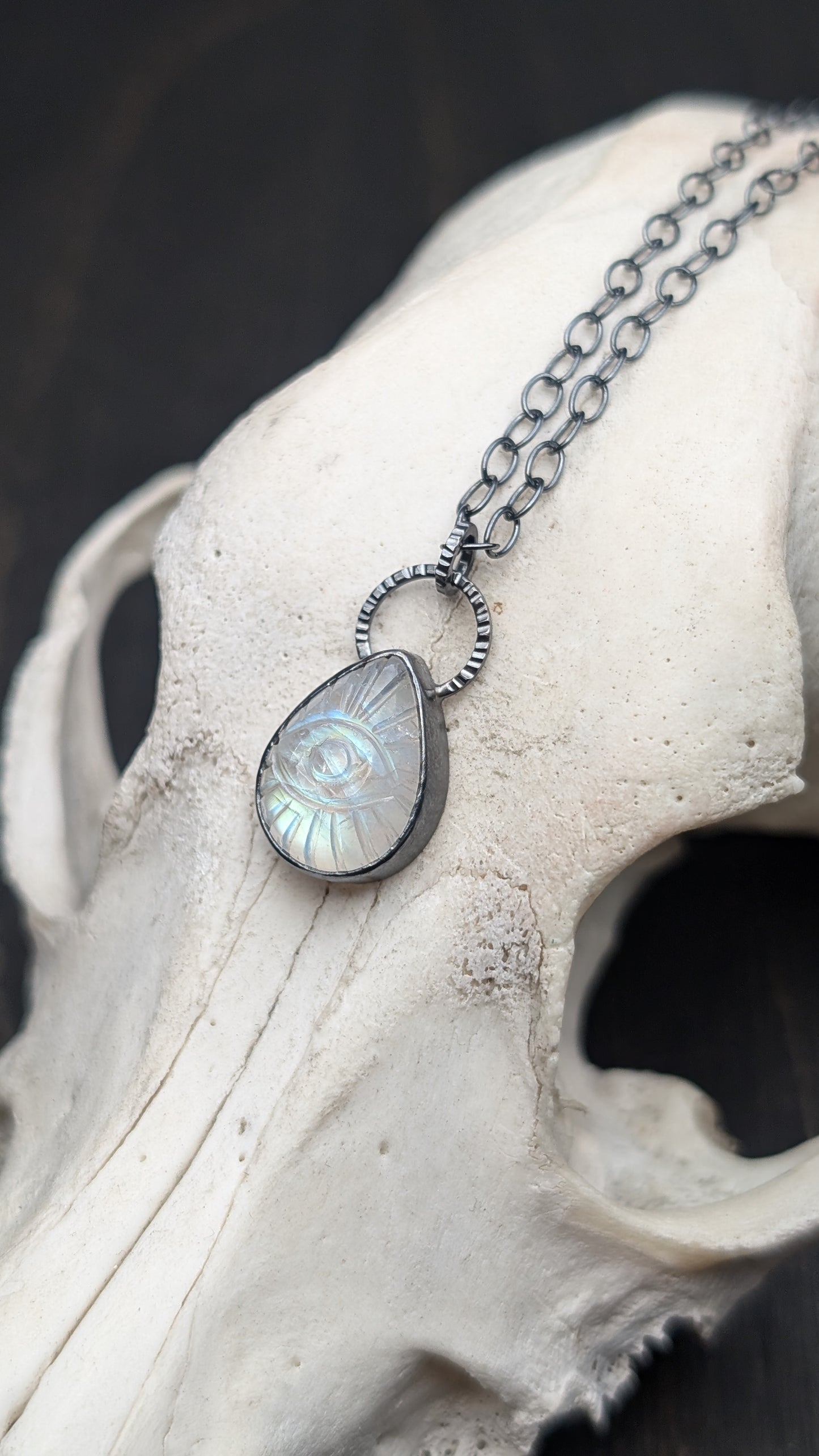 Teardrop Evil Eye Rainbow Moonston Textured Sterling Silver Necklace