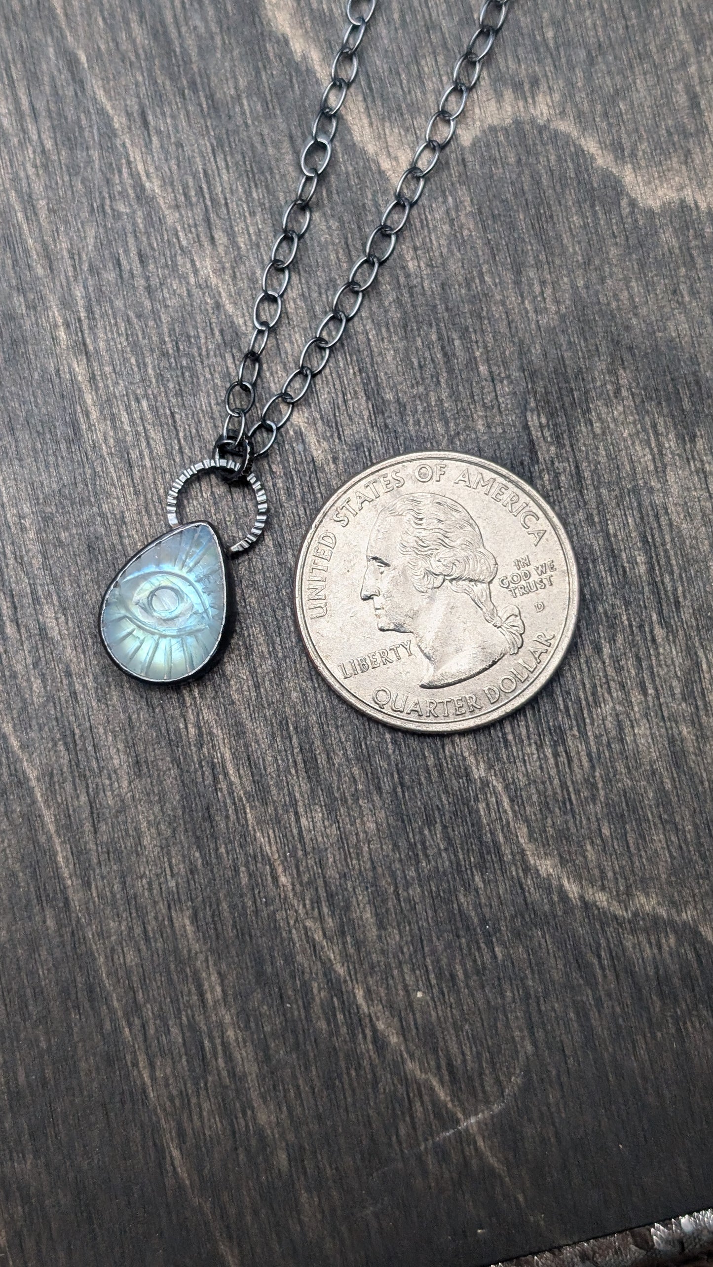Teardrop Evil Eye Rainbow Moonston Textured Sterling Silver Necklace